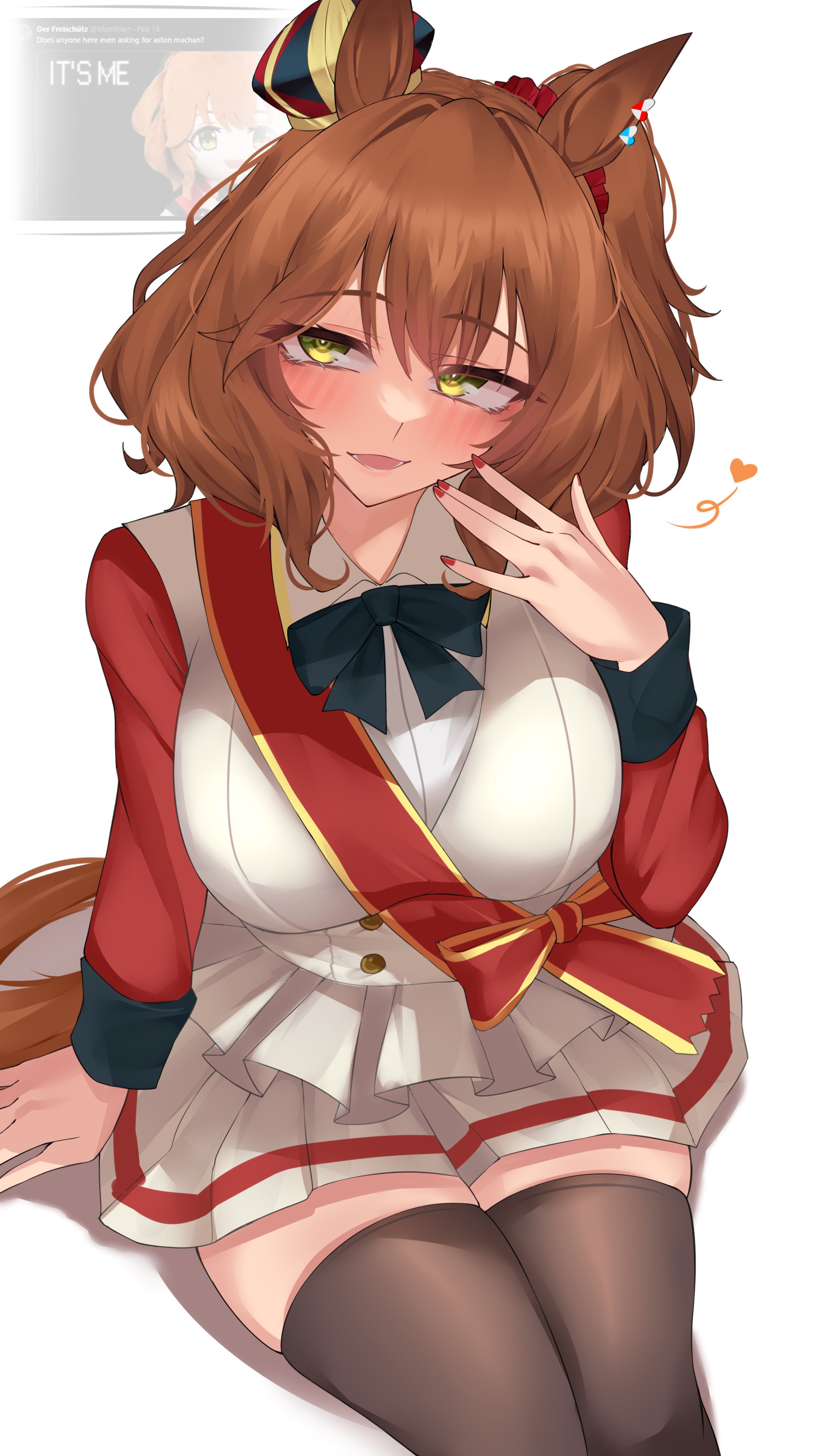 0ha, absurd res, absurdres, aston machan (umamusume), black ribbon, blush, brown hair, busty, cleavage, clothed, hand to face, headwear, hi res, highres, horse ears, horse girl, large breasts, looking at viewer, open mouth, ribbon, sitting, smile, spoken heart, thick thighs, thighhighs, umamusume, umamusume pretty derby, xkittyzx, yellow eyes