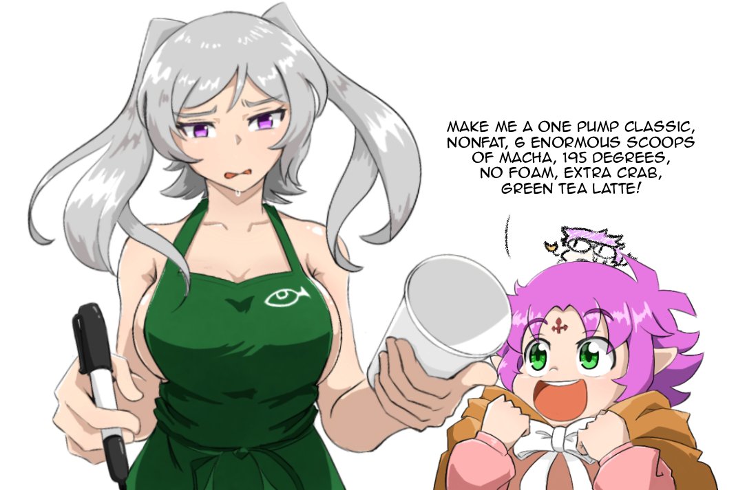 2girls apron apron_only bare_shoulders coffee_cup confusion cup dialogue english_text fae_(fire_emblem) female female_only fire_emblem fire_emblem:_the_binding_blade fire_emblem_awakening grima_(fire_emblem) holding_cup holding_pen iced_latte_with_breast_milk large_breasts meme multiple_girls naked_apron nintendo nude_underneath pen rawrcandraw robin_(fire_emblem) robin_(fire_emblem)_(female) sideboob sweatdrop text twintails