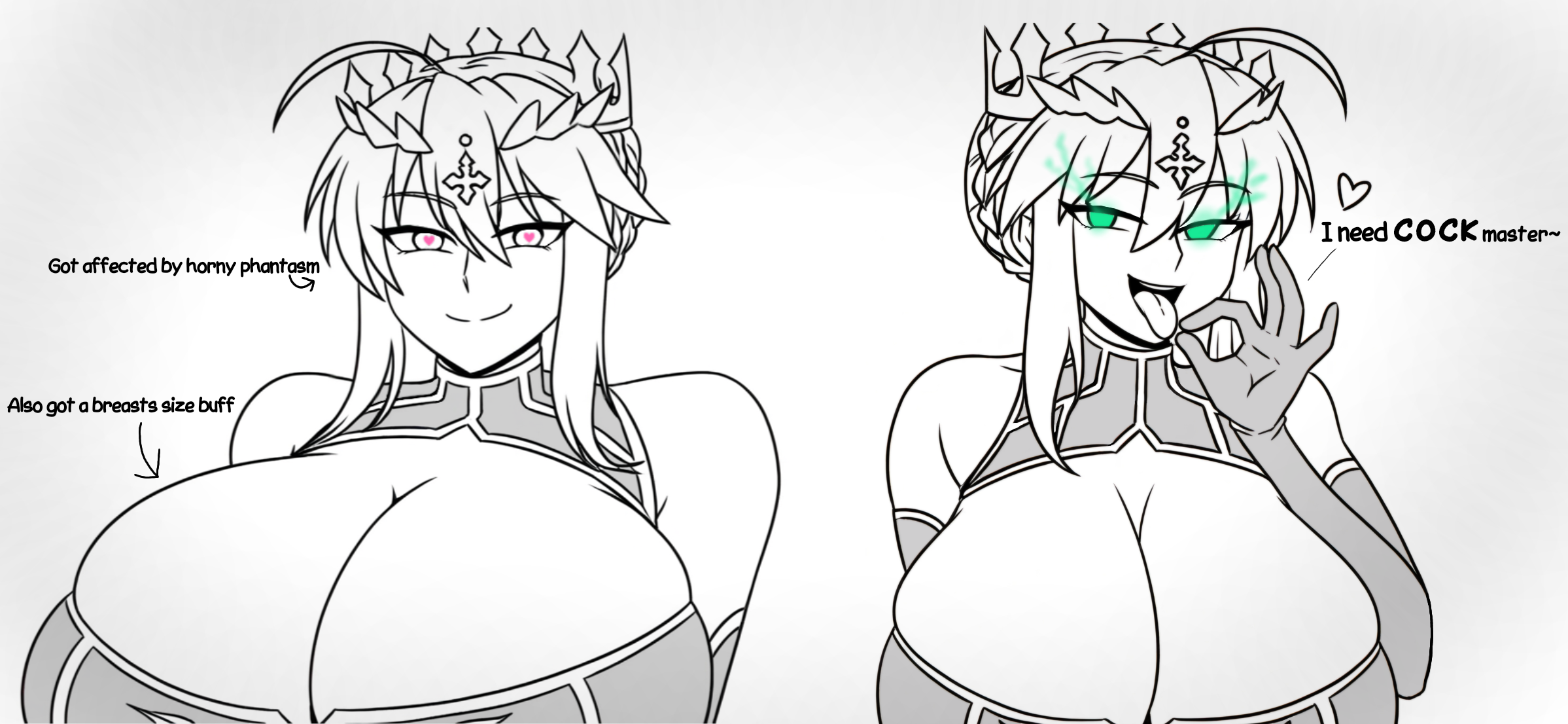 1girl, 1girls, 2girls, affectionate, artoria pendragon, artoria pendragon (fate), artoria pendragon (lancer), blowjob gesture, cleavage, cleavage cutout, closed mouth, crown, cutout, elbow gloves, elbows, fate (series), fate/grand order, fgo, front view, gesture, gesturing at viewer, giant boobs, giant breasts, giant tits, glowing, glowing eyes, green eyes, hair between eyes, hair braid, heart, heart eyes, heart-shaped pupils, horny, horny female, huge boobs, huge breasts, huge tits, large boobs, large breasts, large tits, looking at viewer, monochrome, monochrome background, open mouth, oral gesture, saber, same character, seductive, sketch, smug, smug expression, smug eyes, smug face, solo, solo female, text, tongue, tongue out, white background