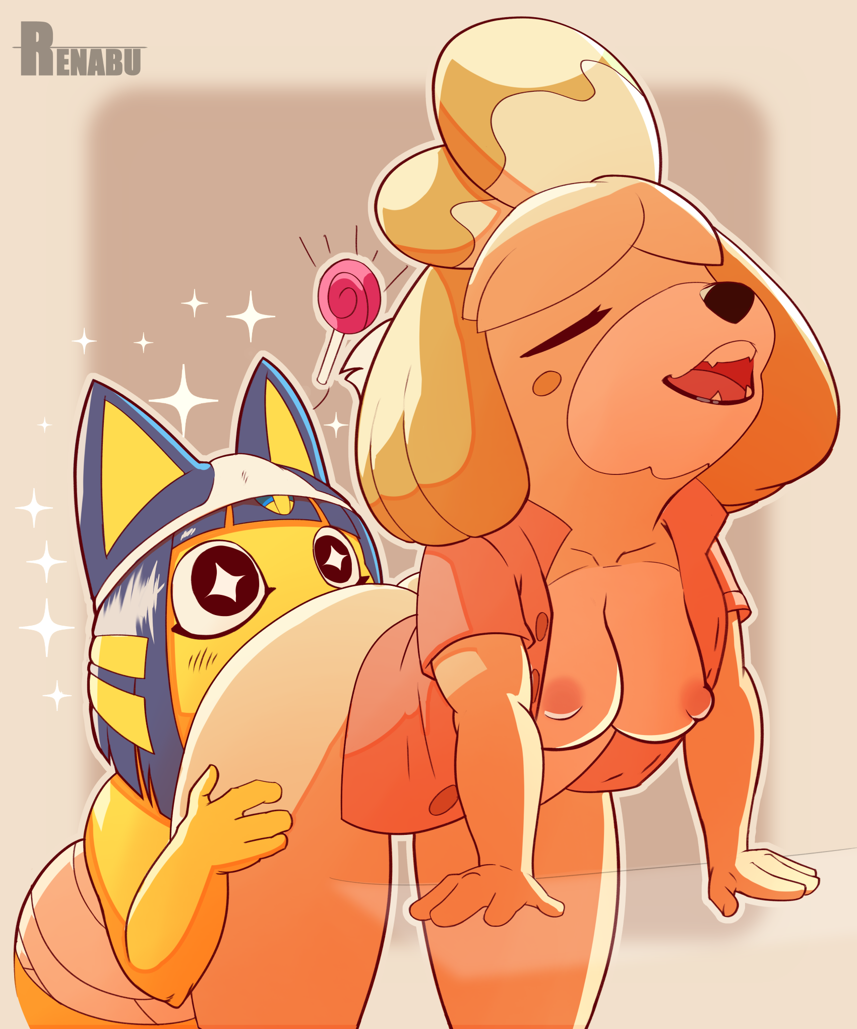 2021, 2girls, anilingus, animal crossing, ankha, anthro, black nose, canid, canine, canis, closed eyes, clothing, digital media (artwork), domestic cat, domestic dog, duo, felid, feline, felis, female, female/female, fingers, hi res, isabelle (animal crossing), mammal, multiple females, multiple girls, nintendo, nipples, open mouth, renabu, rimjob, rimming, shih tzu, toy dog, video games, yuri