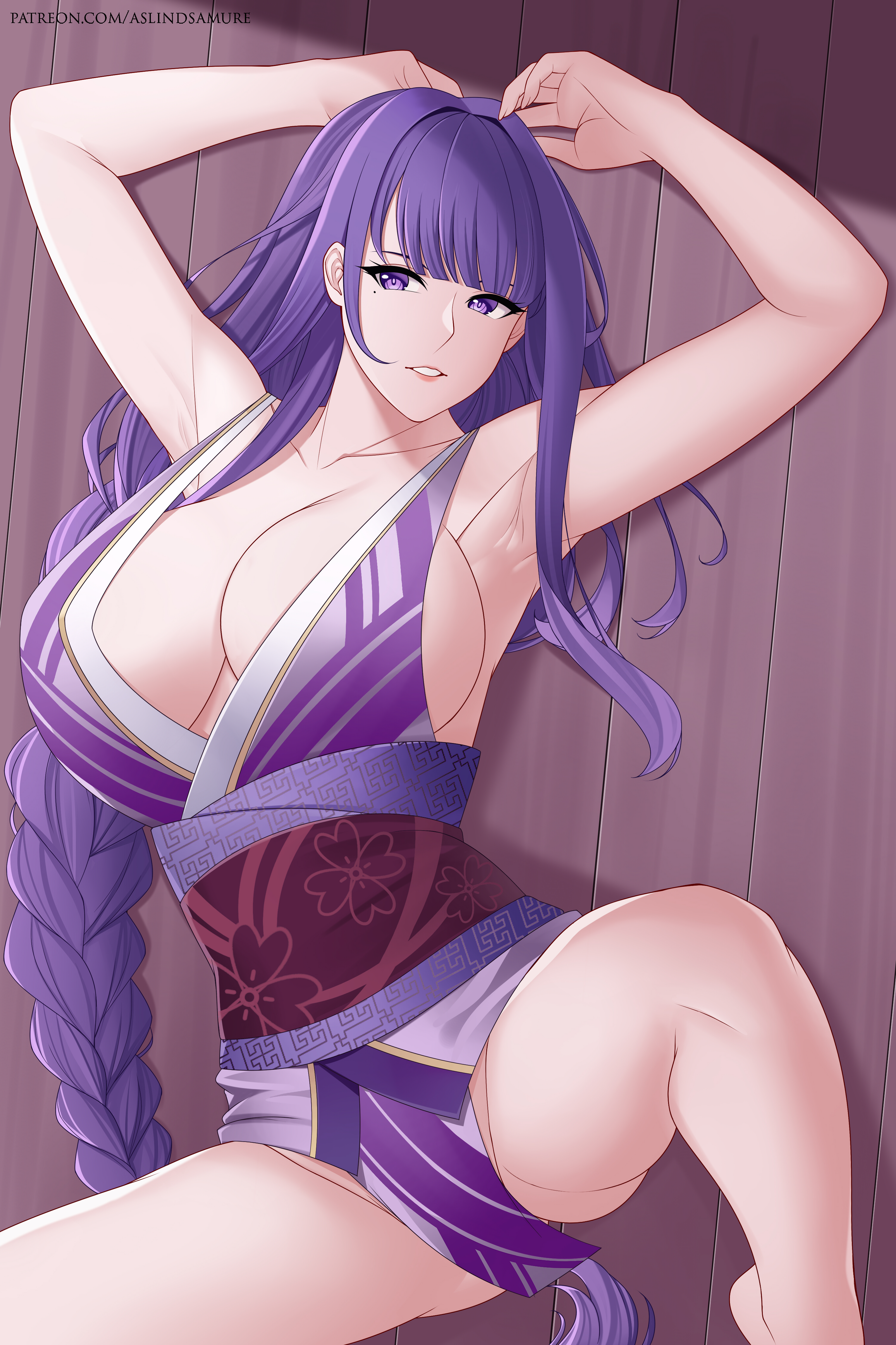 1girls, armpit, armpits, arms above head, arms up, aslindsamure, bangs, beauty mark, big breasts, braid, braided hair, braided ponytail, breasts, cleavage, clothed, collarbone, female, female focus, female only, floral print, genshin impact, japanese clothes, japanese clothing, kimono, large breasts, laying on back, laying on floor, legs apart, legs spread, long braid, long hair, looking at viewer, purple eyes, purple hair, raiden shogun, solo, solo female, solo focus, watermark