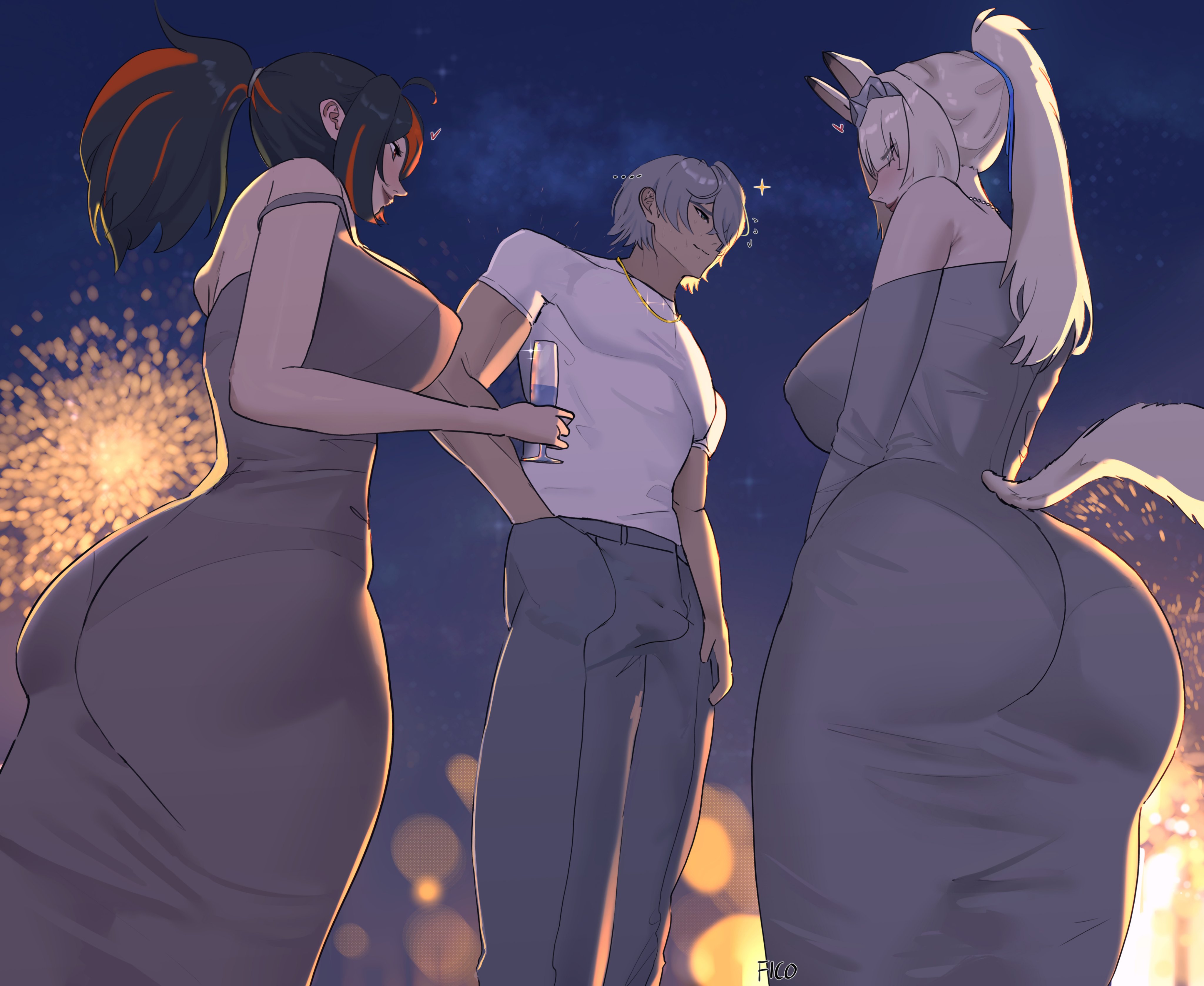1boy, 2girls, ass, breasts, dress, female, female focus, ficoemirrio, huge ass, large ass, large breasts, light skin, light-skinned female, male, sigrid de l'azur, thick thighs, thighs, tight clothing, wide hips, wise (zenless zone zero), zenless zone zero, zhu yuan
