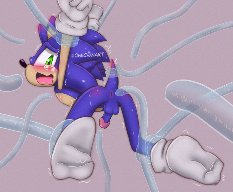 anthro anus arms_tied ass blush bodily_fluids bound chaos_(sonic) clothing eulipotyphlan exposed_torso feet footwear genitals handwear hedgehog humanoid_genitalia humanoid_penis legs_tied male male/male mammal mostly_nude onechan penis raised_arm raised_tail sega socks solo sonic_(series) sonic_adventure sonic_the_hedgehog sonic_the_hedgehog_(series) spread_legs spreading tears tentacle wide_hips wide_thighs