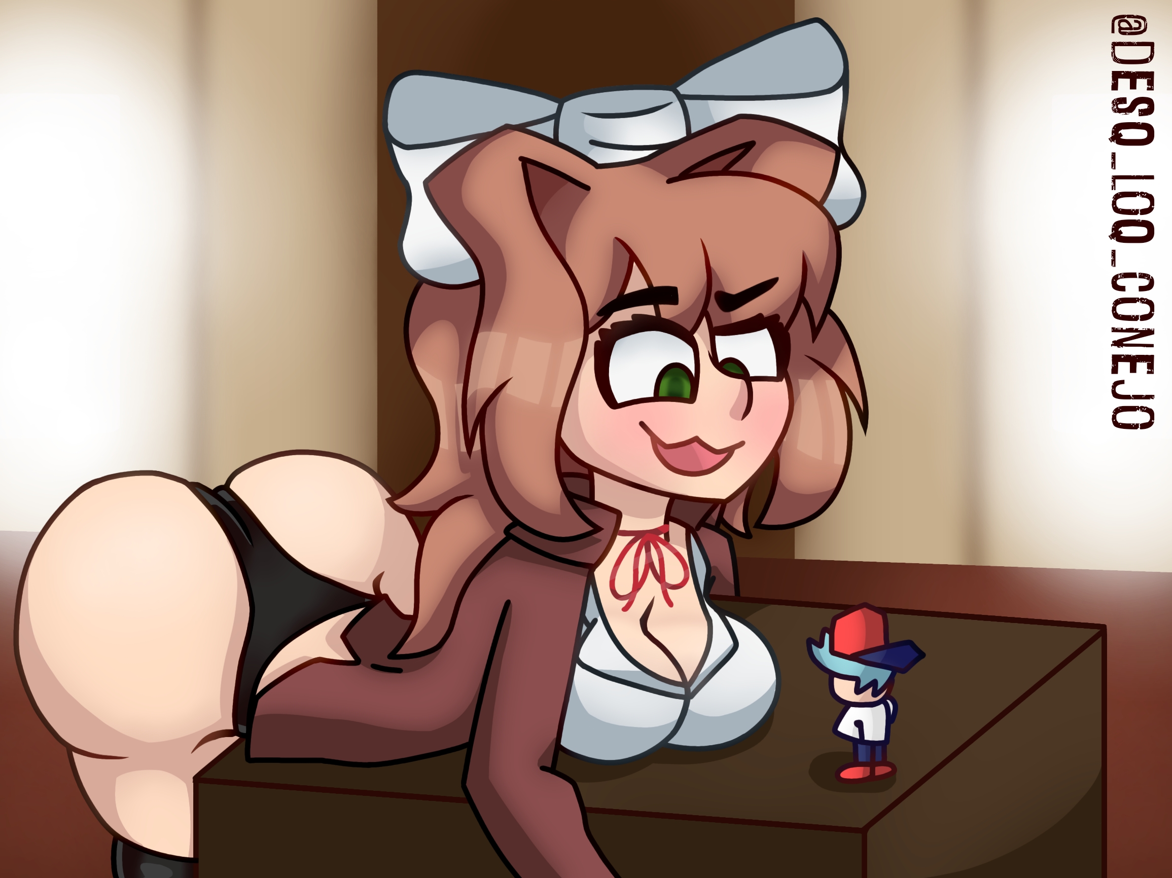 :3, boyfriend (friday night funkin), crossover, desq loq conejo, doki doki literature club, female, fnf mods, friday night funkin, friday night funkin (vs monika hd), giantess, image, larger female, male, monika (doki doki literature club), monika hd, size difference, smaller male