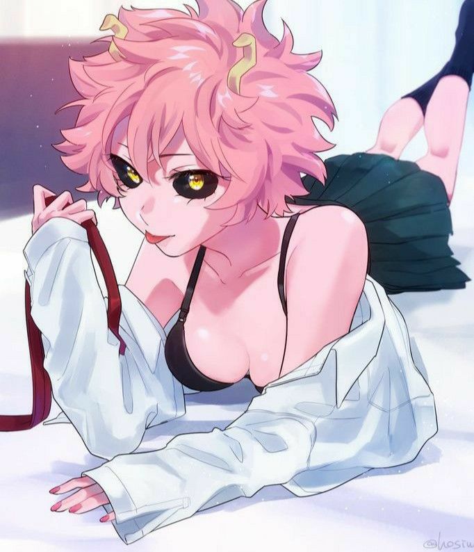 1girls, artist request, black bra, bra, female, laying down, mina ashido, my hero academia, pink hair, pink skin, pink-haired female, school uniform, skirt, solo, teenager