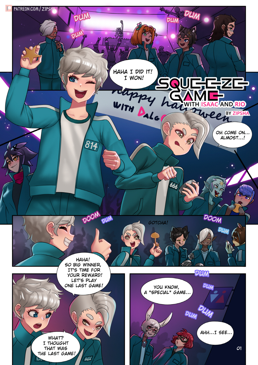 blue eyes, clothing, comic, costume, cute male, english text, eyelashes, femboy, festive, hi res, indoors, inside, isaac (zipsha), jacket, light, light skin, light-skinned male, male, male only, multiple boys, multiple males, netflix, pants, party, rio (ra4s), shirt, short hair, speech bubble, squid game, standing, taiyo akari, text, white hair, yellow eyes, zipsha