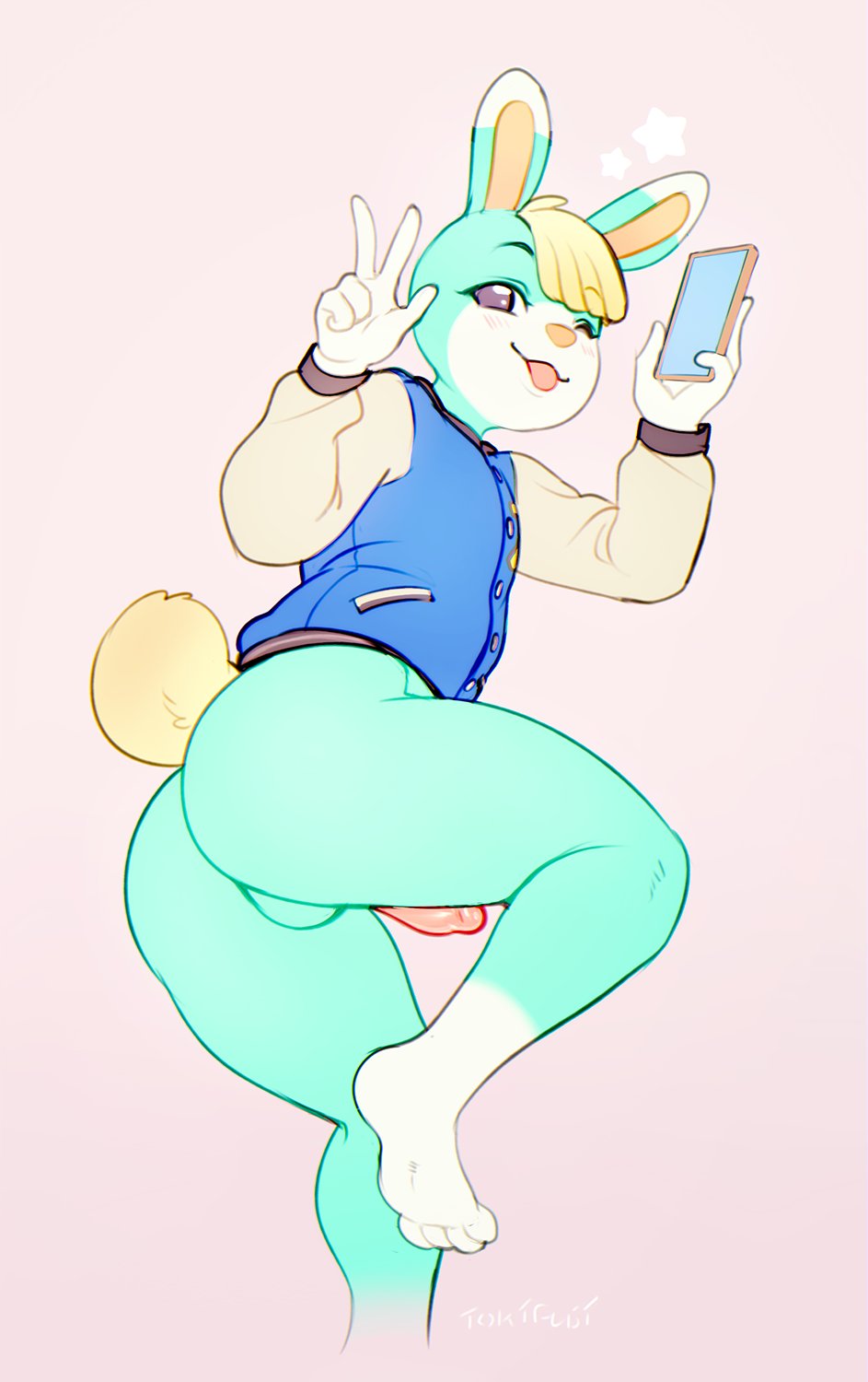 1boy, animal crossing, anthro, ass, backsack, balls, ballsack, blonde hair, bottomless, clothed, digital media (artwork), femboy, fur, genitals, girly, hair, lagomorph, leporid, looking back, male, male only, mammal, nintendo, penis, phone, presenting, rabbit, sasha (animal crossing), solo, solo male, tagme, tokifuji, video games