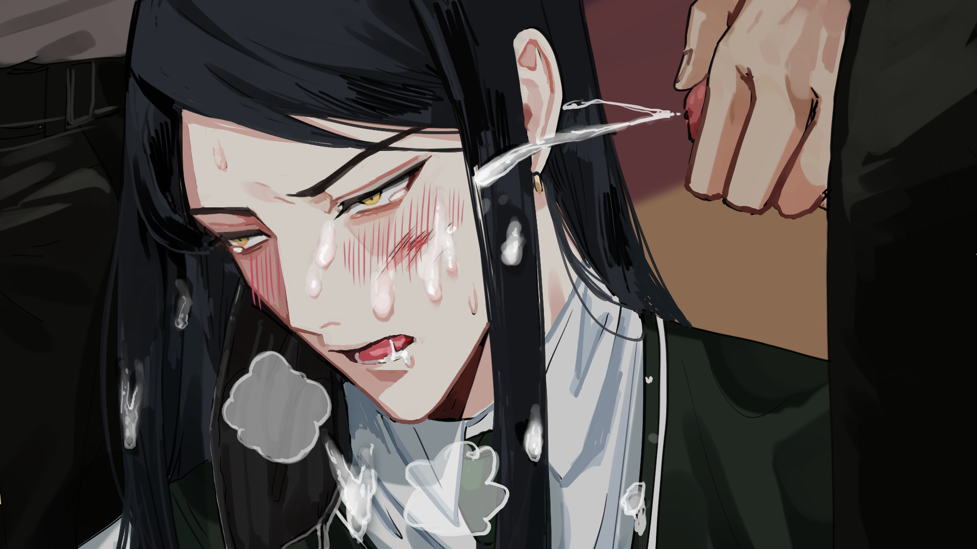 3boys, androgynous, annoyed, artist request, black hair, blush, clothed, cum, cum on face, cum on hair, cumshot, danganronpa, danganronpa v3, gay, korekiyo shinguji, light skin, light-skinned male, long hair, long-haired male, male, male focus, male only, pale skin, pale-skinned male, shinguji korekiyo, smooth skin, solo focus, tip peeking, yaoi, yellow eyes