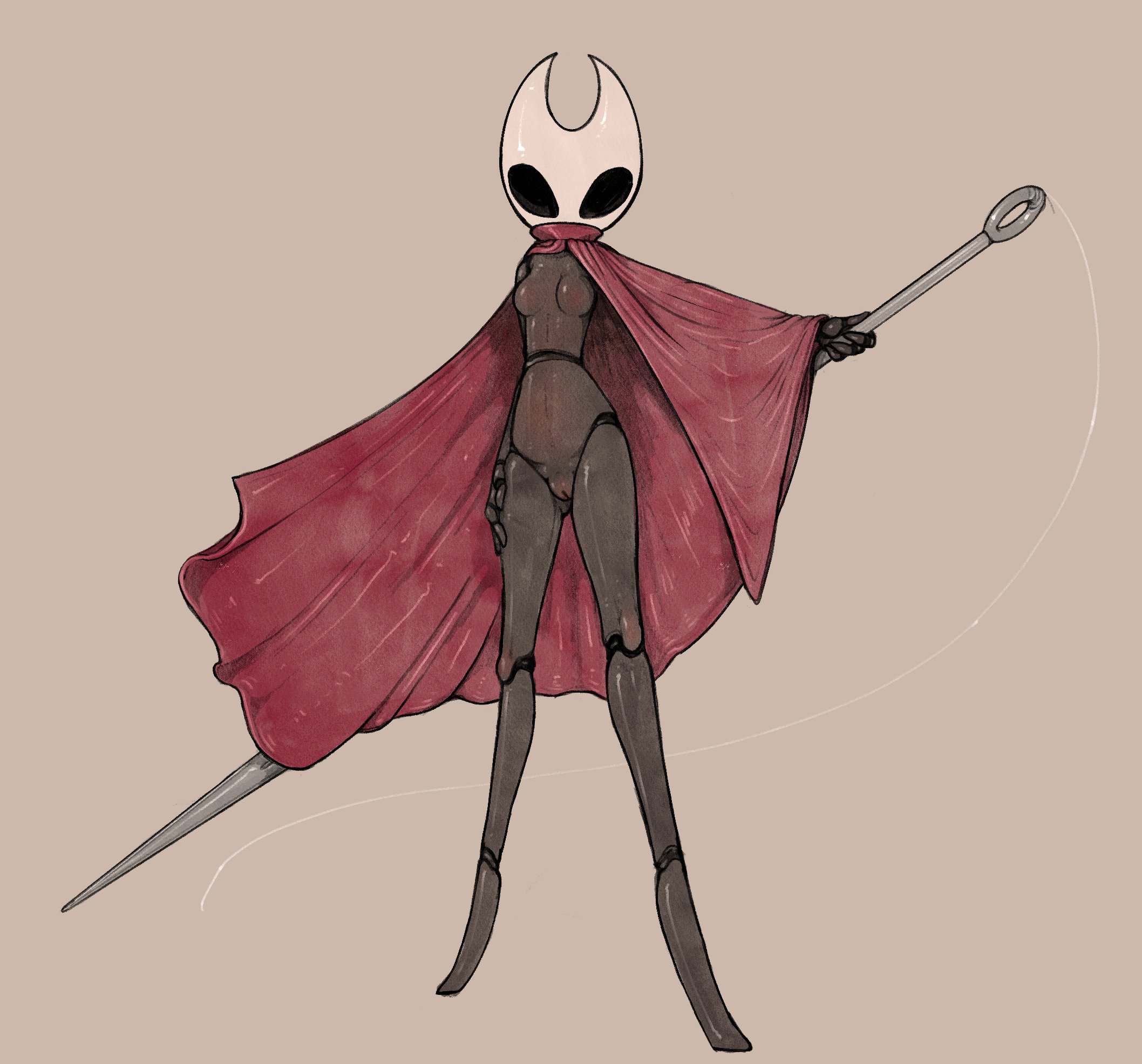anthro, arthropod, black body, breasts, featureless breasts, female, genitals, hi res, hollow knight, hornet (hollow knight), insects, melee weapon, no artist signature, no nipples, polearm, pussy, scruffythedeer, simple background, spear, team cherry, video games, weapon, white head