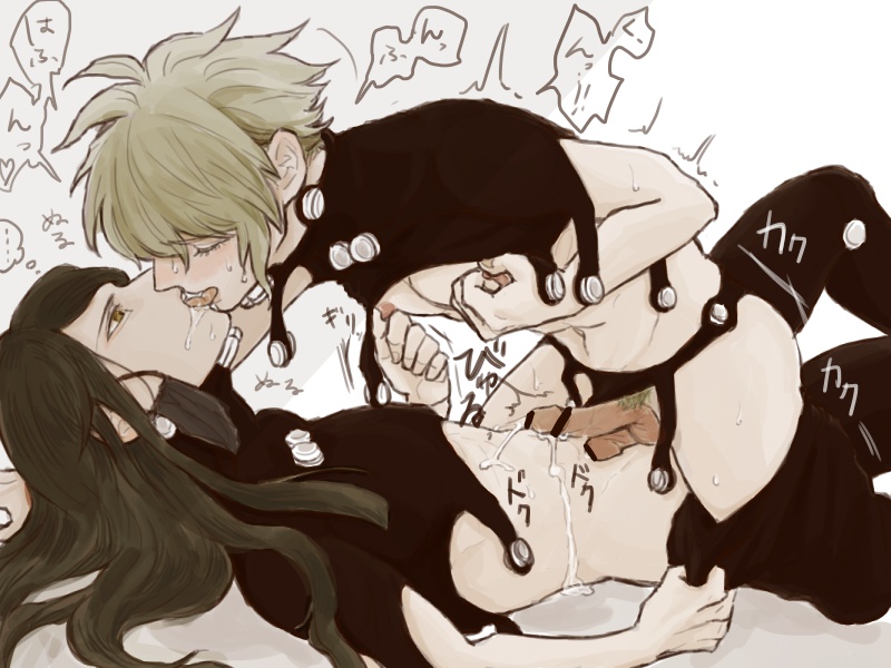 2boys androgynous clothed cum cum_drip cum_on_body cum_on_lower_body danganronpa danganronpa_v3 french_kiss frottage gay kissing leaking light-skinned_male light_skin long_hair_male male male/male male_only nipple_pinch on_top rantaro_amami shinguji_korekiyo smooth_skin translation_request white_background yaoi