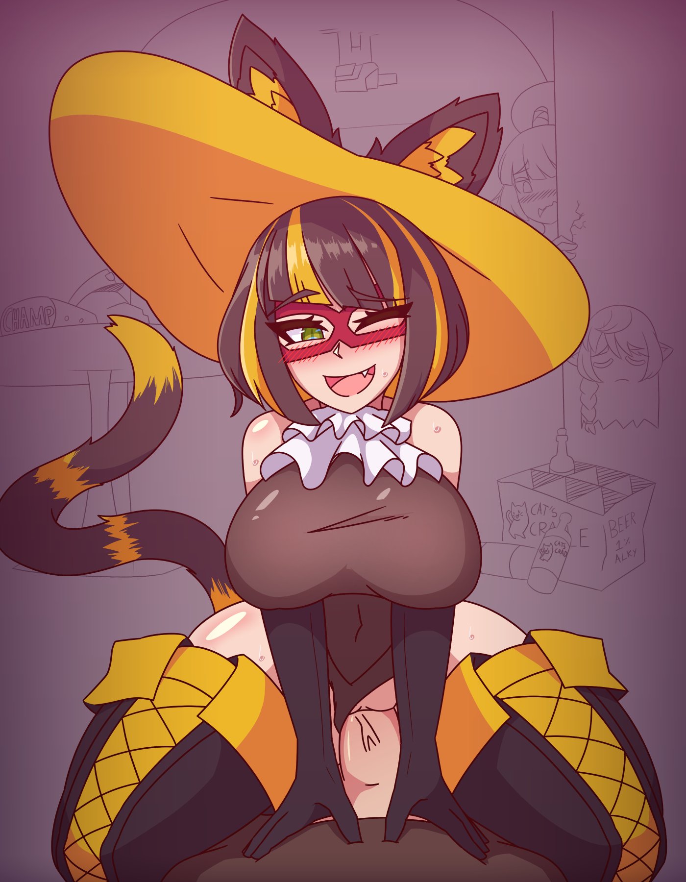 animal ears, black hair, blush, boots, breasts, cat ears, cat tail, character request, domino mask, female, green eyes, halloween, large breasts, large penis, leotard, leotard aside, light skin, light-skinned female, light-skinned male, looking at viewer, male, mask, masked, masked female, multicolored hair, one eye closed, original, penis, pussy, sex, straddling, tagme, tail, thigh boots, thighhighs, vadaboob, vaginal penetration