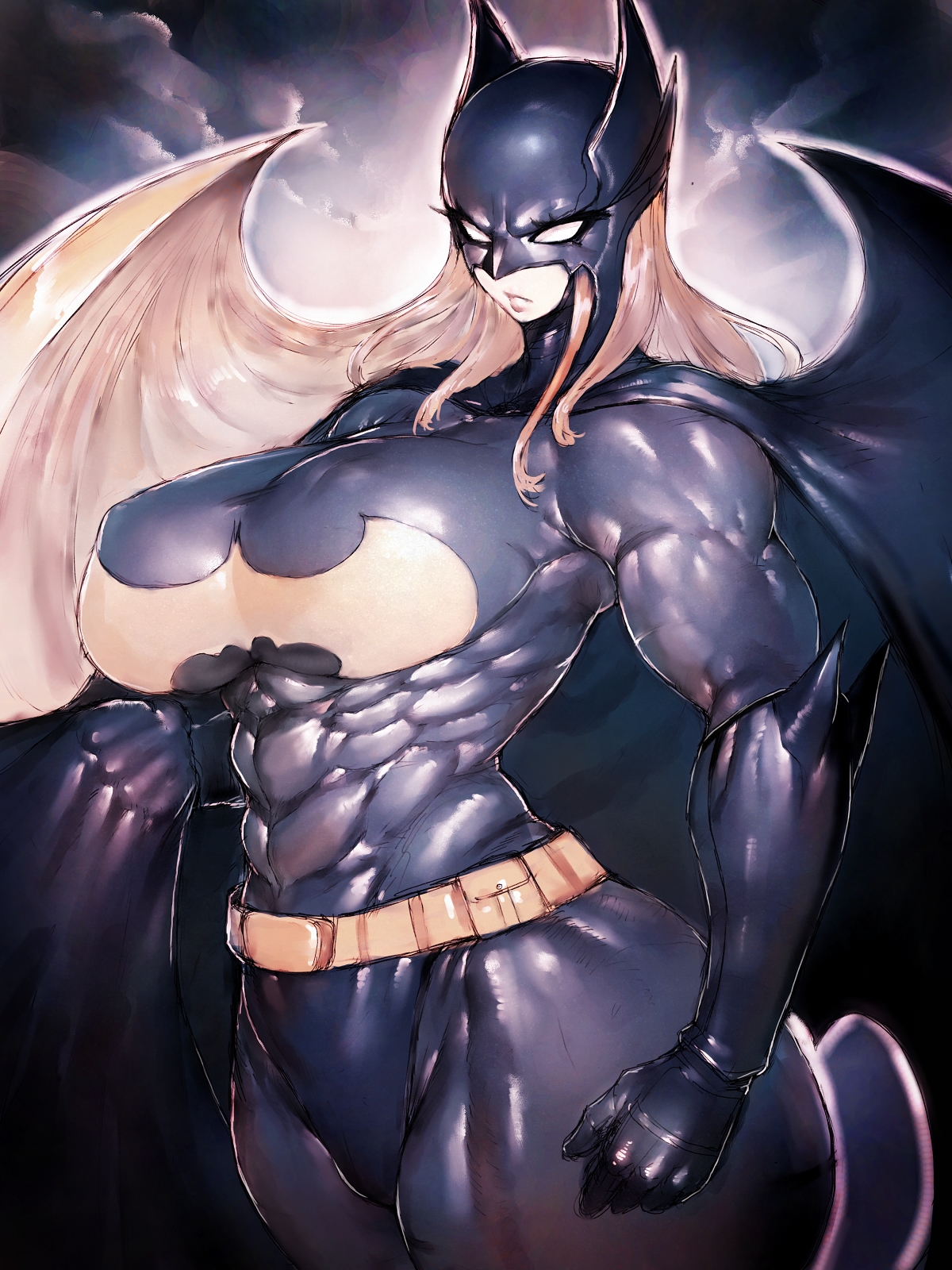 1girls, abs, ass, barbara gordon, batgirl, batman (series), big breasts, breasts, dc, dc comics, female, female focus, female only, fumio (rsqkr), huge ass, huge breasts, looking at viewer, mask, masked, muscular, muscular female, obliques, orange hair, seductive, simple background, solo, solo female, solo focus, standing, superheroine, thick thighs, wide hips