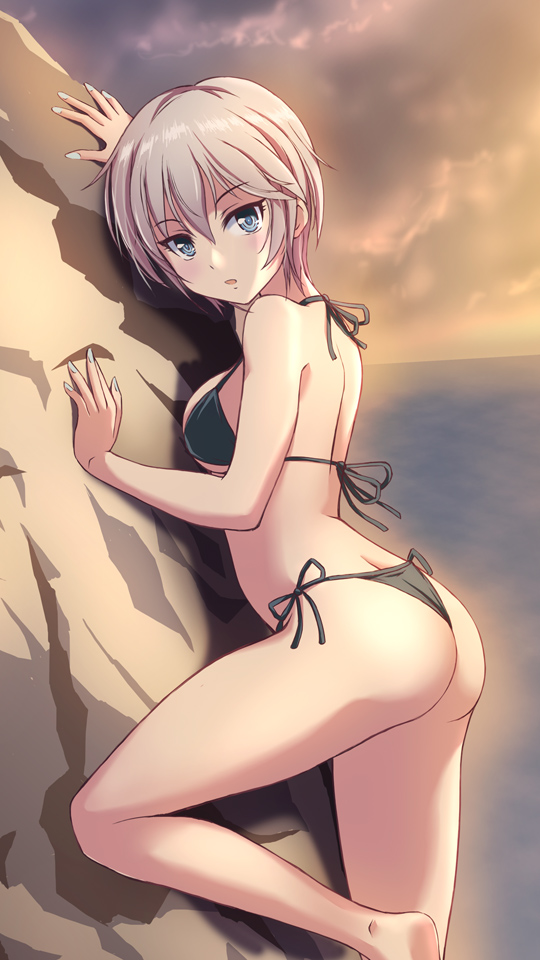 against_rock bare_shoulder barefoot black_bikini blue_eyes breasts cleavage clouds eyebrows eyebrows_visible_through_hair eyelashes female female_only hair_between_eyes horizon looking_at_viewer ocean open_mouth outdoors rock shimamoto_utsumi short_hair side-tie_bikini sideboob silver_hair swimsuit thong_bikini underboob very_short_hair