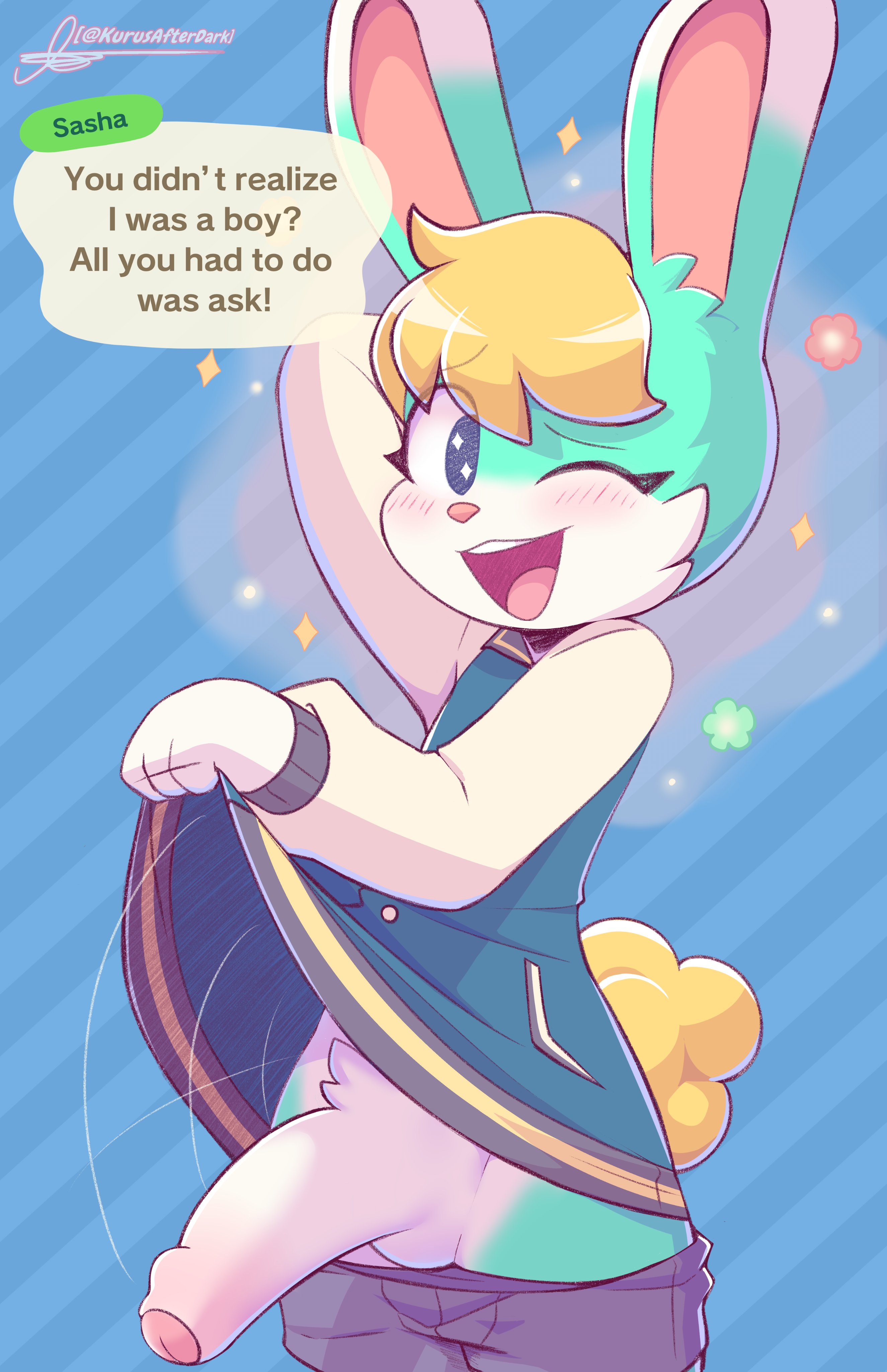 animal, animal crossing, blonde hair, clothed, clothing, fur, furry, jacket, kurus, lagomorph, male, male focus, male only, nintendo, pants down, penis, presenting, presenting penis, rabbit, sasha (animal crossing), smiling