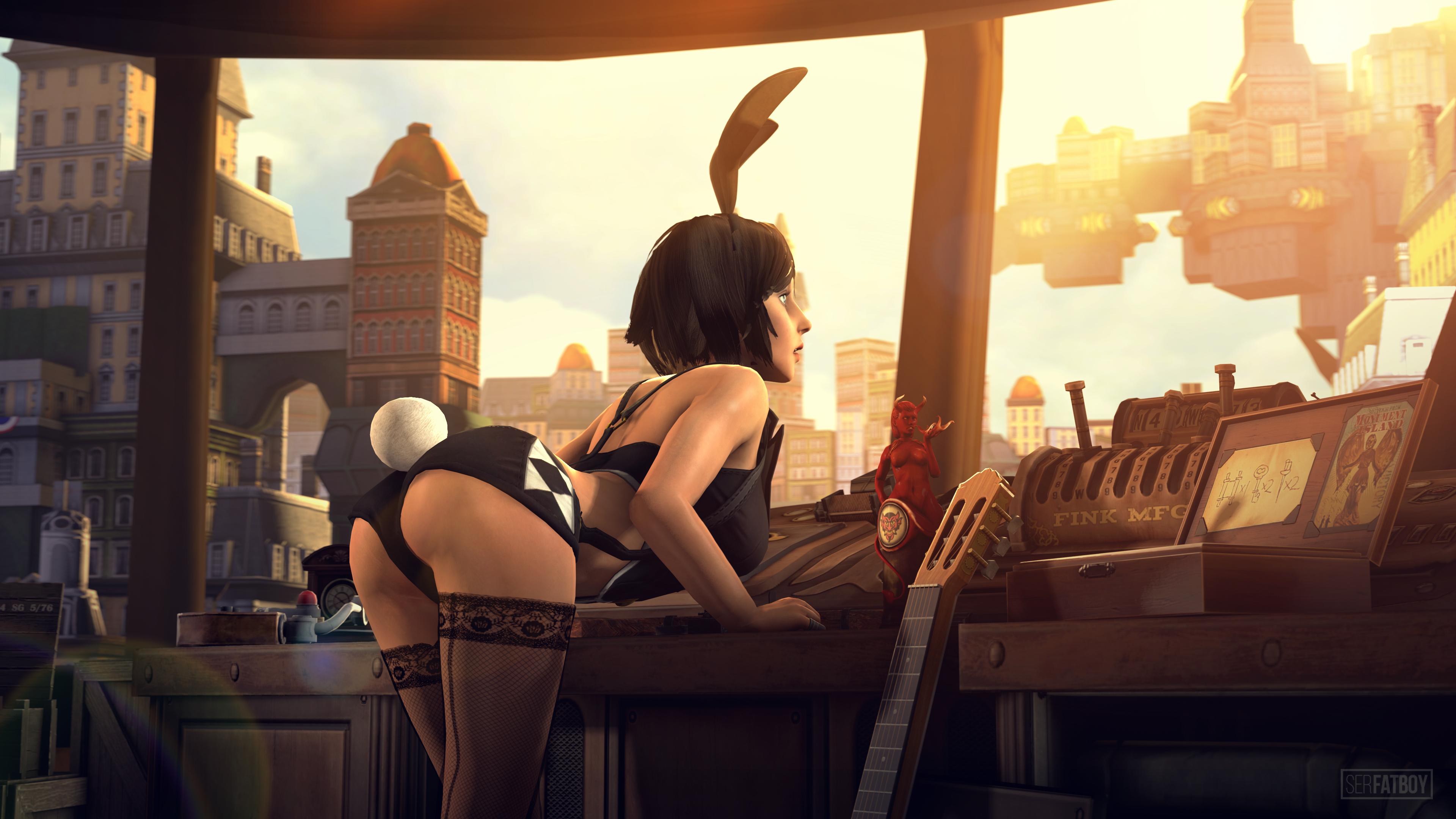 3d, ass, ass focus, bioshock, bioshock infinite, breasts, bunny ears, bunny girl, bunny tail, bunnysuit, busty, elizabeth comstock, female, female focus, hourglass figure, pose, posing, serfatboy, stockings, tagme, wide hips