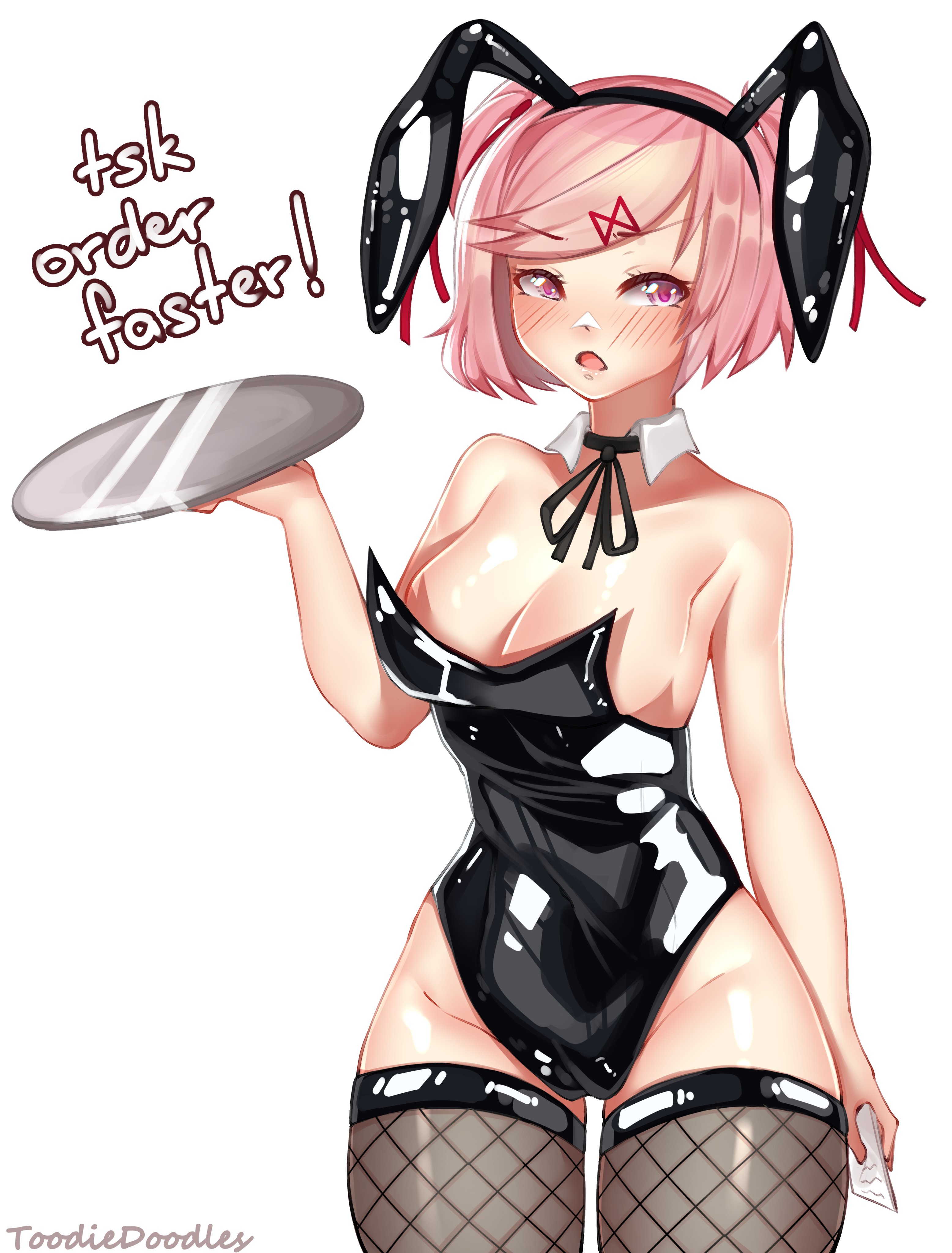 1girls, black legwear, black leotard, blush, breasts, bunny ears, bunnysuit, doki doki literature club, female, fishnets, latex, leotard, natsuki (doki doki literature club), pink hair, short hair, solo, standing, text, thick thighs, thighhighs, thighs, toodiedoodles
