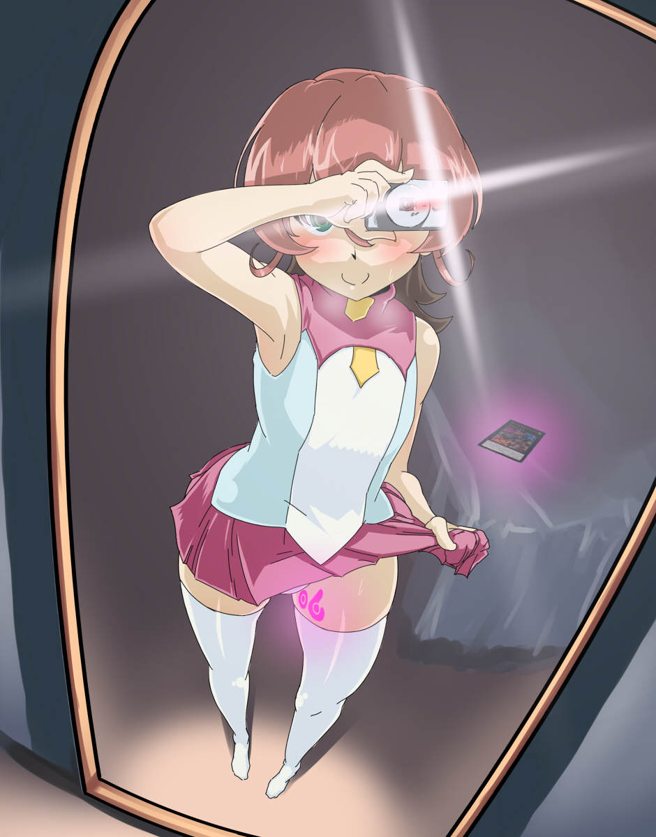 1boy blush crossdressing femboy futanari iii mirror_selfie muumuu selfie solo tattoo thighhighs yu-gi-oh!