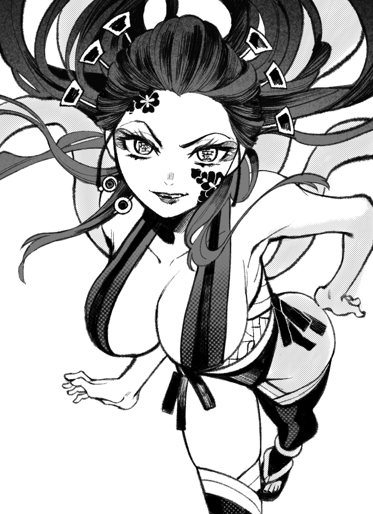 big breasts, breasts, cleavage, daki (kimetsu no yaiba), demon, demon girl, demon slayer, eyeshadow, facial markings, female, female only, hair ornament, hanging breasts, high-angle view, kimetsu no yaiba, lingerie, long hair, looking at viewer, monochrome, obi, side-tie panties, smile, solo, thighhighs
