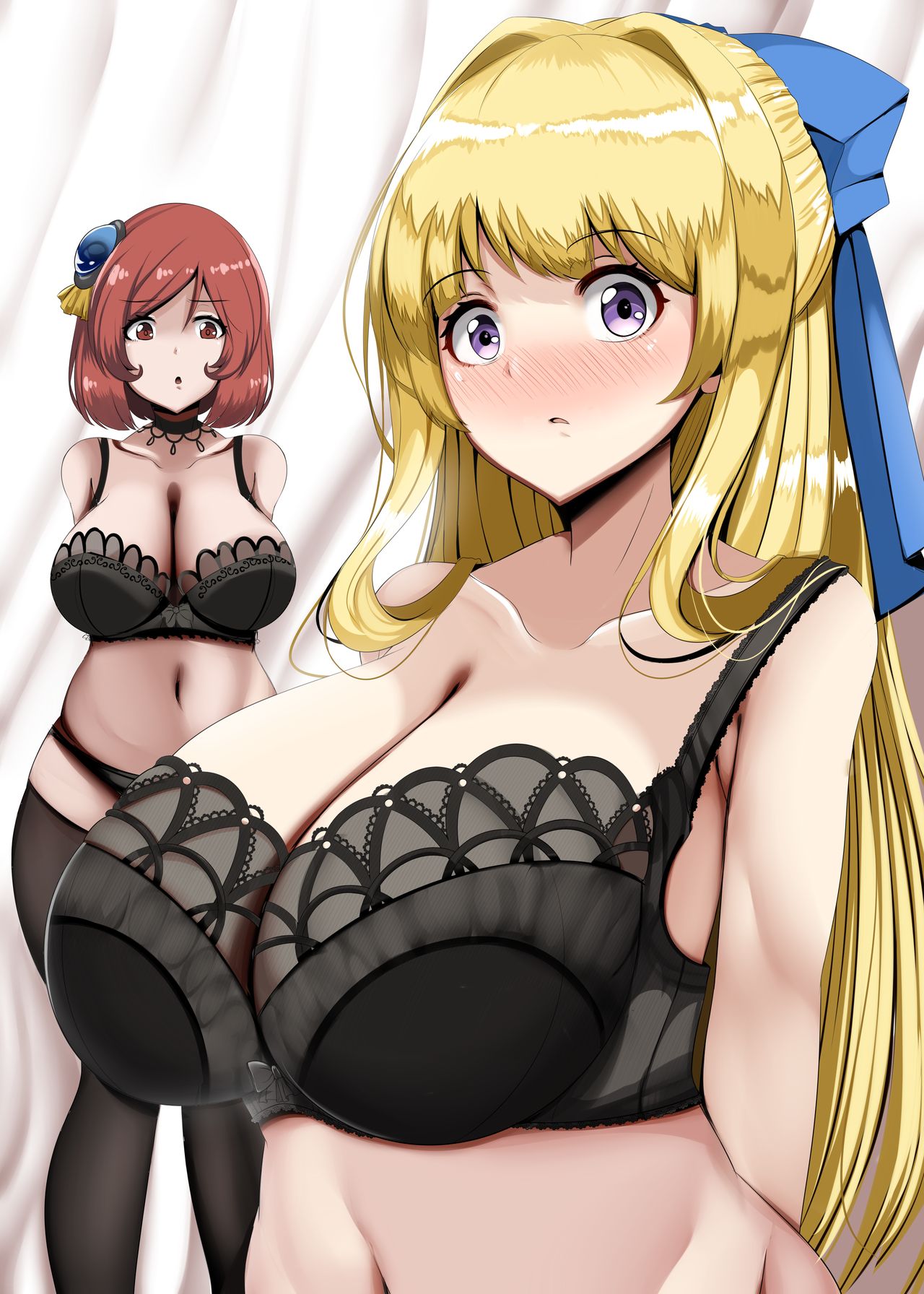 2girls, ariadoa (kono yuusha ga ore tueee kuse ni shinchou sugiru), astraea (atelierastraea), big breasts, bimbo, blush, bra, breast size difference, breasts, female, female only, hands behind back, huge breasts, kono yuusha ga ore tueee kuse ni shinchou sugiru, large breasts, long hair, multiple females, multiple girls, panties, purple eyes, ristarte (kono yuusha ga ore tueee kuse ni shinchou sugiru), short hair, yellow hair