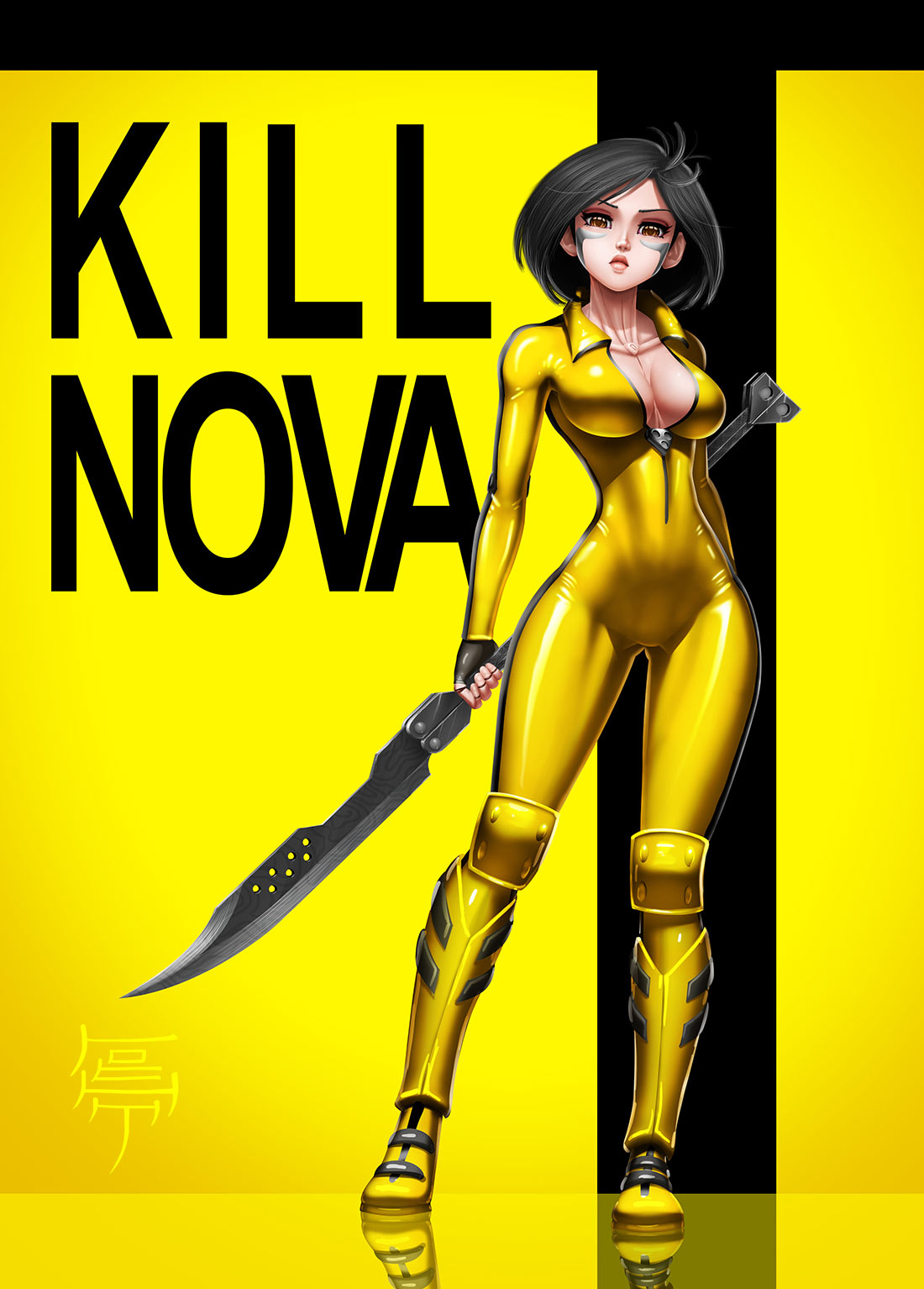 1girls 2020 alita artist_name battle_angel_alita beatrix_kiddo_(cosplay) black_hair bodysuit breasts curvaceous cyborg female female_focus female_only fully_clothed kill_bill large_breasts leadapprentice light-skinned_female looking_at_viewer pale-skinned_female pale_skin short_hair solo thick_thighs thighs voluptuous weapon wide_hips yellow_bodysuit