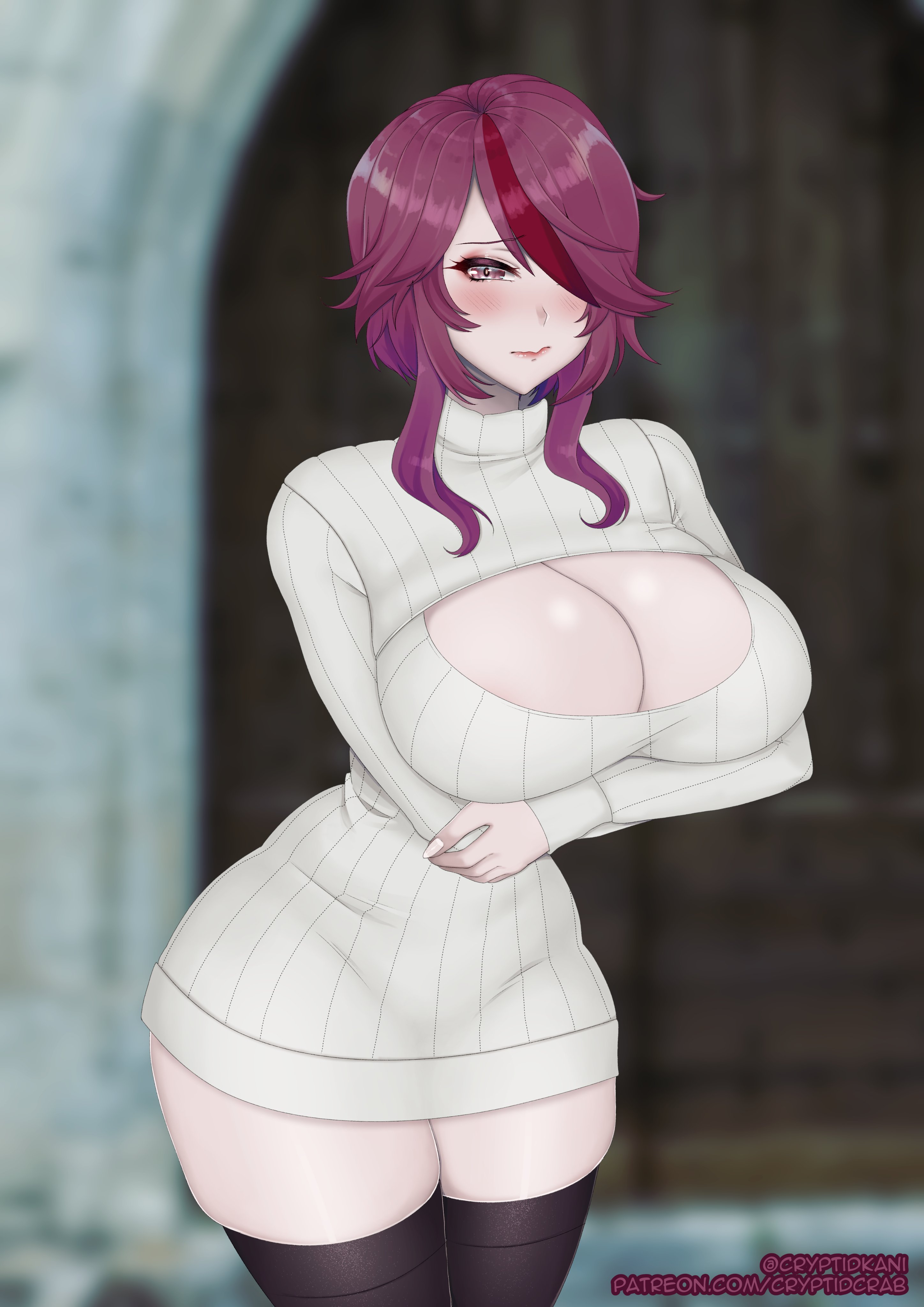 1girls, blush, breasts, cleavage, cleavage cutout, cryptid crab, embarrassed, female, genshin impact, hair over one eye, hourglass figure, huge breasts, looking at viewer, medium hair, purple eyes, purple hair, rosaria (genshin impact), skindentation, solo, sweater, thick thighs, thighhighs, wide hips