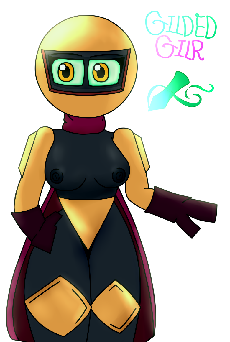 armor black_skin breasts breasts_out cape dark_skin eyes female gildedguy gildedguy_(character) gloves gold_(metal) green_sclera hyuns_dojo no_background pen red_cape rule_63 skin text topless topless_female writing yellow_eyes