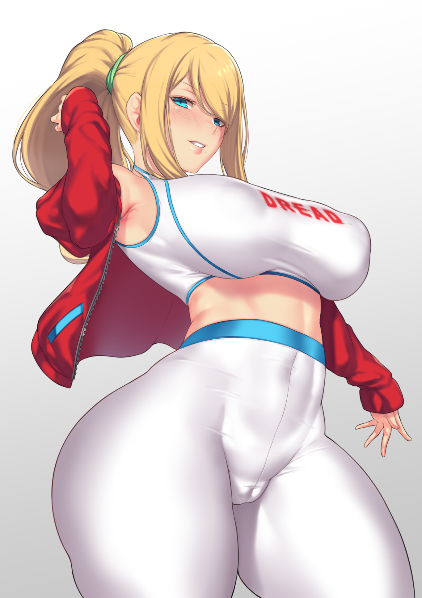 1girls, alternate breast size, alternate costume, areolae, aster crowley, bare shoulders, bikini, blonde hair, blue eyes, blush, breasts, casual clothes, curves, curvy, erect nipples, female, higher resolution available, huge breasts, human, large breasts, long hair, looking at viewer, metroid, metroid dread, nintendo, nipples, no source, open jacket, plain background, samus aran, simple background, solo, standing, thick thighs, thunder thighs, workout clothes, yoga pants