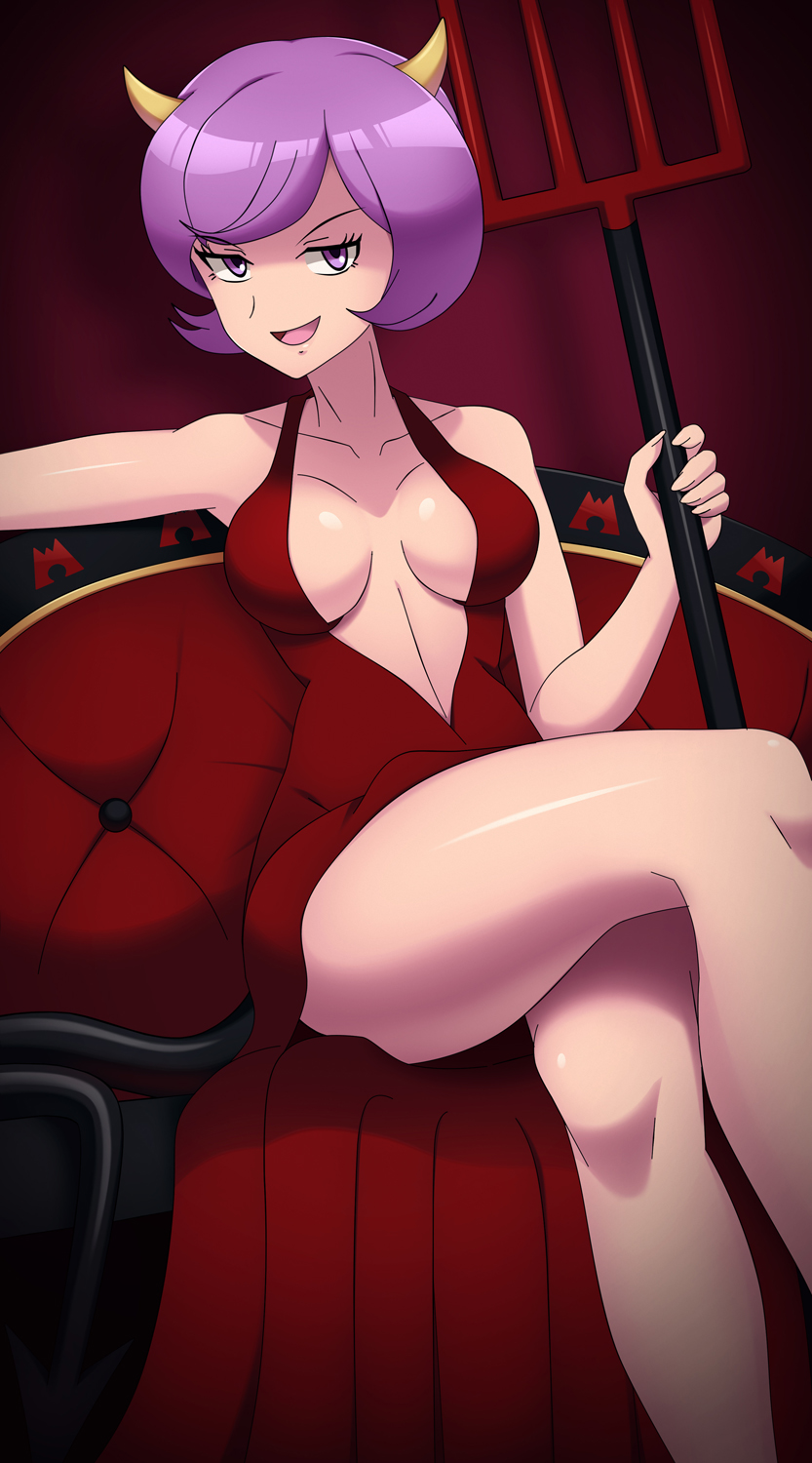 1girls 2021 bare_legs big_breasts breasts busty cleavage clothed clothed_female courtney_(pokemon) courtney_(pokemon_oras) crossed_legs devil_costume horns inner_sideboob large_breasts legs nintendo pokemon pokemon_oras purple_eyes purple_hair short_hair short_purple_hair solo solo_female tagme team_magma thick_thighs thighhighs vivivoovoo