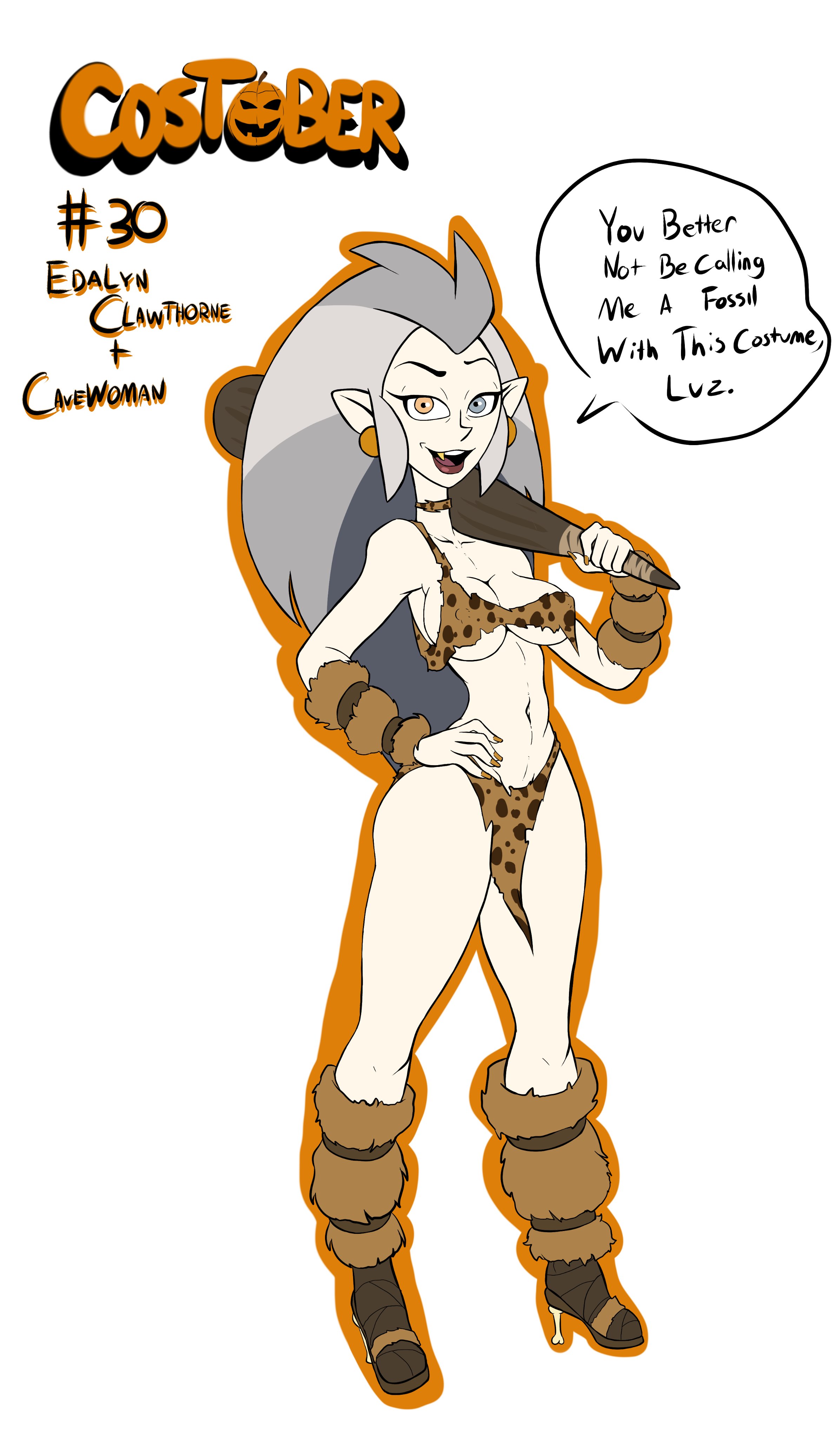 1girls, big breasts, breasts, cavewoman, costume, disney, disney channel, earrings, eda clawthorne, english text, female, female focus, female only, grey hair, halloween, hand on hip, heterochromia, high heels, holidays, humanoid, long hair, looking at viewer, nipple bulge, oerba yun fang, pointy ears, skinnya, slashysmiley, solo, speech bubble, straight hair, text, the owl house, white skin, witch