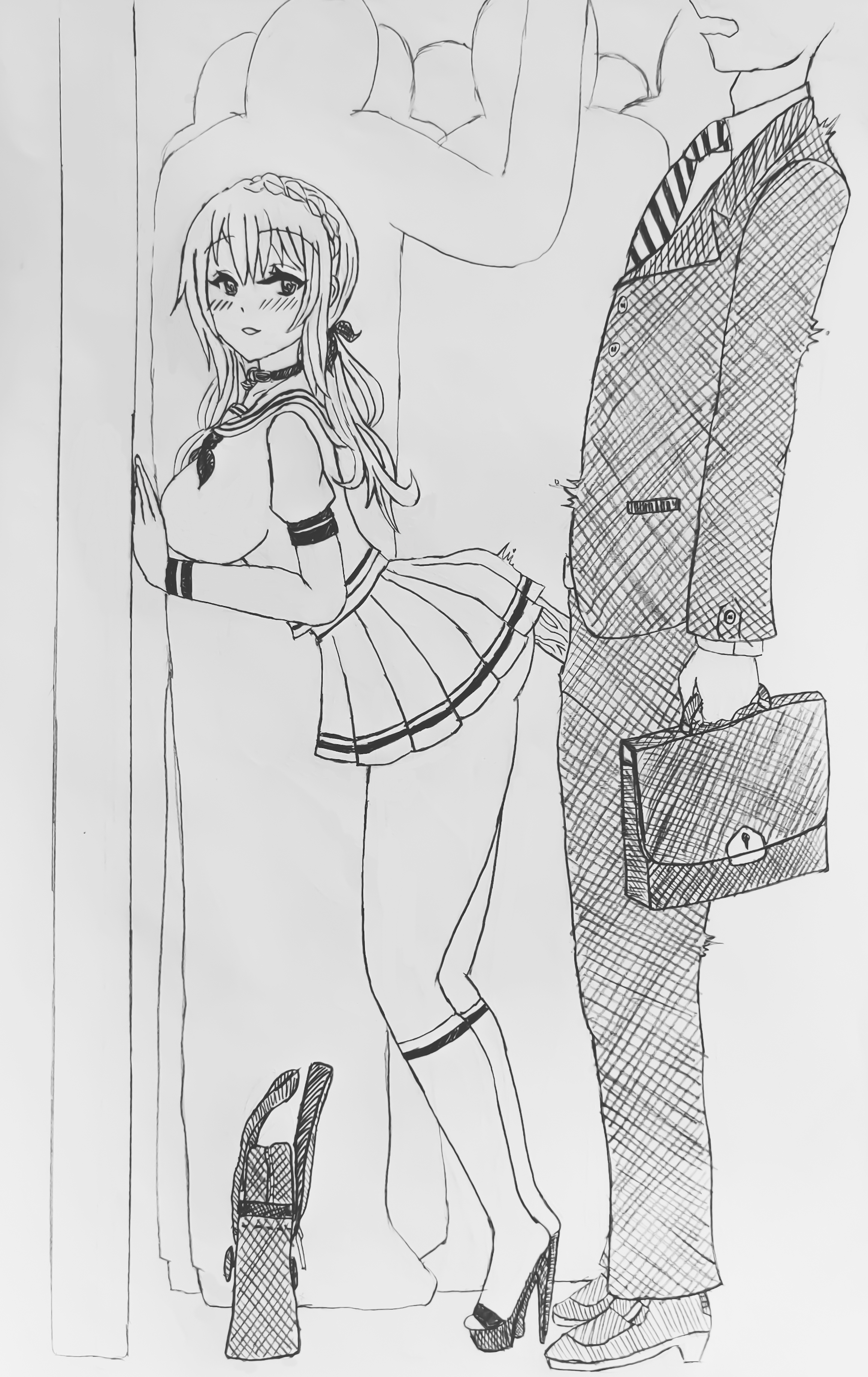 ass, assjob, blush, breasts, briefcase, buttjob, collar, crowd, crown braid, female, girls' frontline, hair ribbon, high heel sandals, large ass, large breasts, long socks, low twintails, male, mosin-nagant (girls' frontline), penis, reverse rape, sailor uniform, school bag, school uniform, schoolgirl, submissive male, suit, wide hips