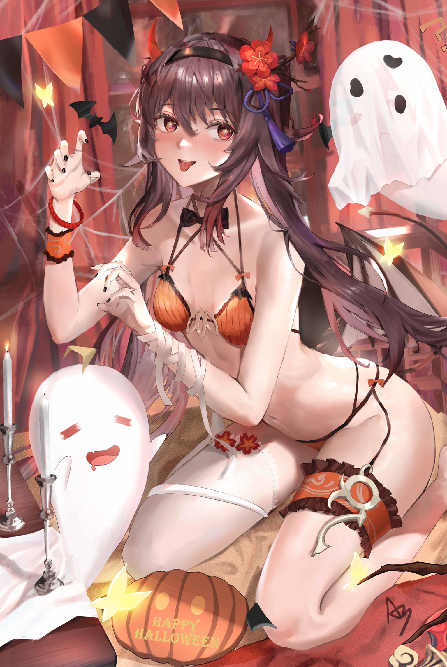 1girls, a-by, blush, bra, brown hair, female, genshin impact, halloween, hu tao (genshin impact), panties, red eyes, skimpy clothes, thick thighs, thighs, twintails