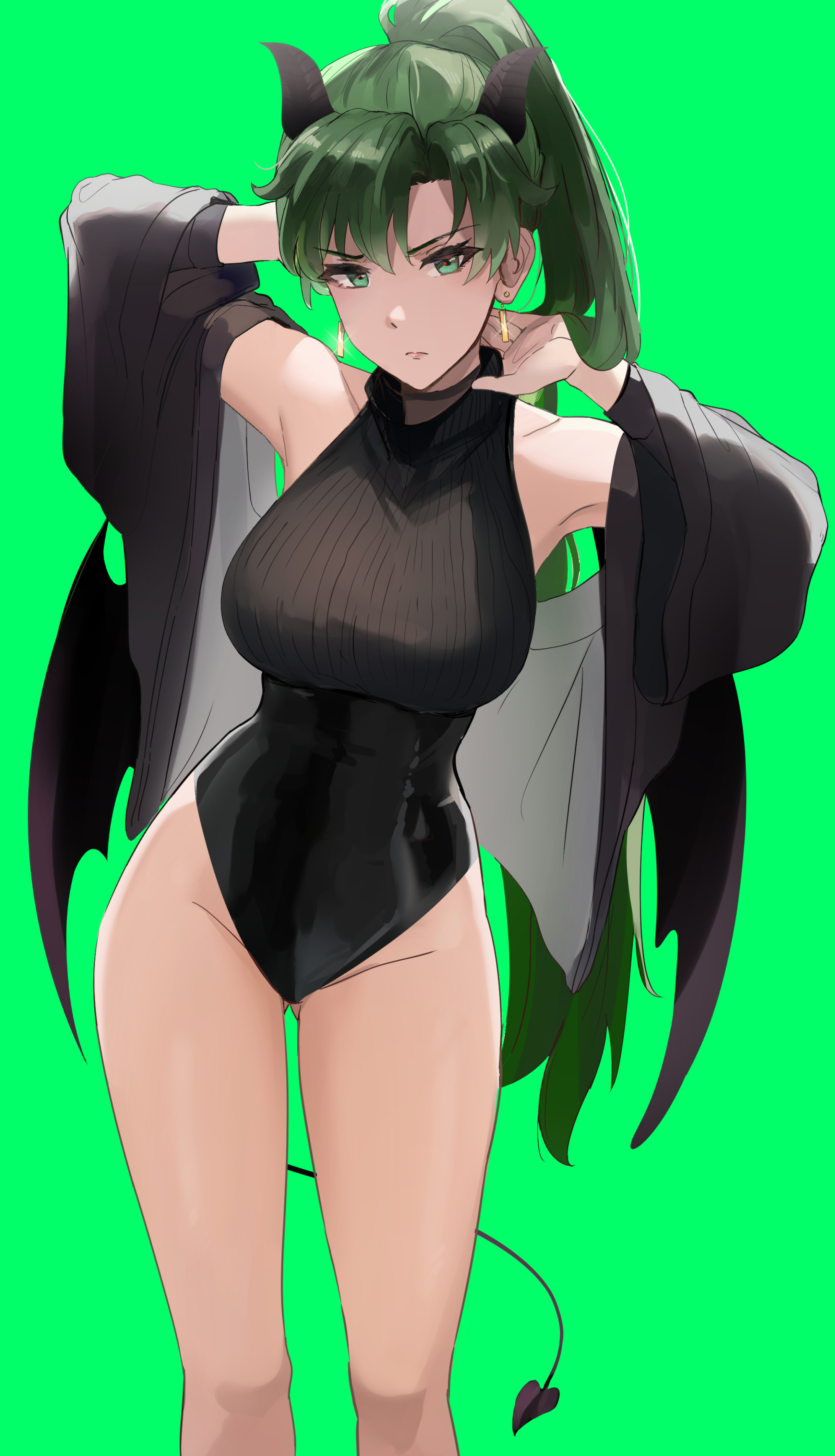 1girls, absurdres, alternate costume, black jacket, black leotard, breasts, closed mouth, demon, demon girl, demon horns, demon tail, demon wings, earrings, female, fire emblem, fire emblem: the blazing blade, frown, green background, green eyes, green hair, halloween, halloween costume, hands up, highres, horns, jacket, jewelry, large breasts, leotard, long hair, looking at viewer, lyn (fire emblem), lyndis (fire emblem), nintendo, ormille, ponytail, simple background, solo, succubus, sweater, tail, turtleneck, very long hair, wings