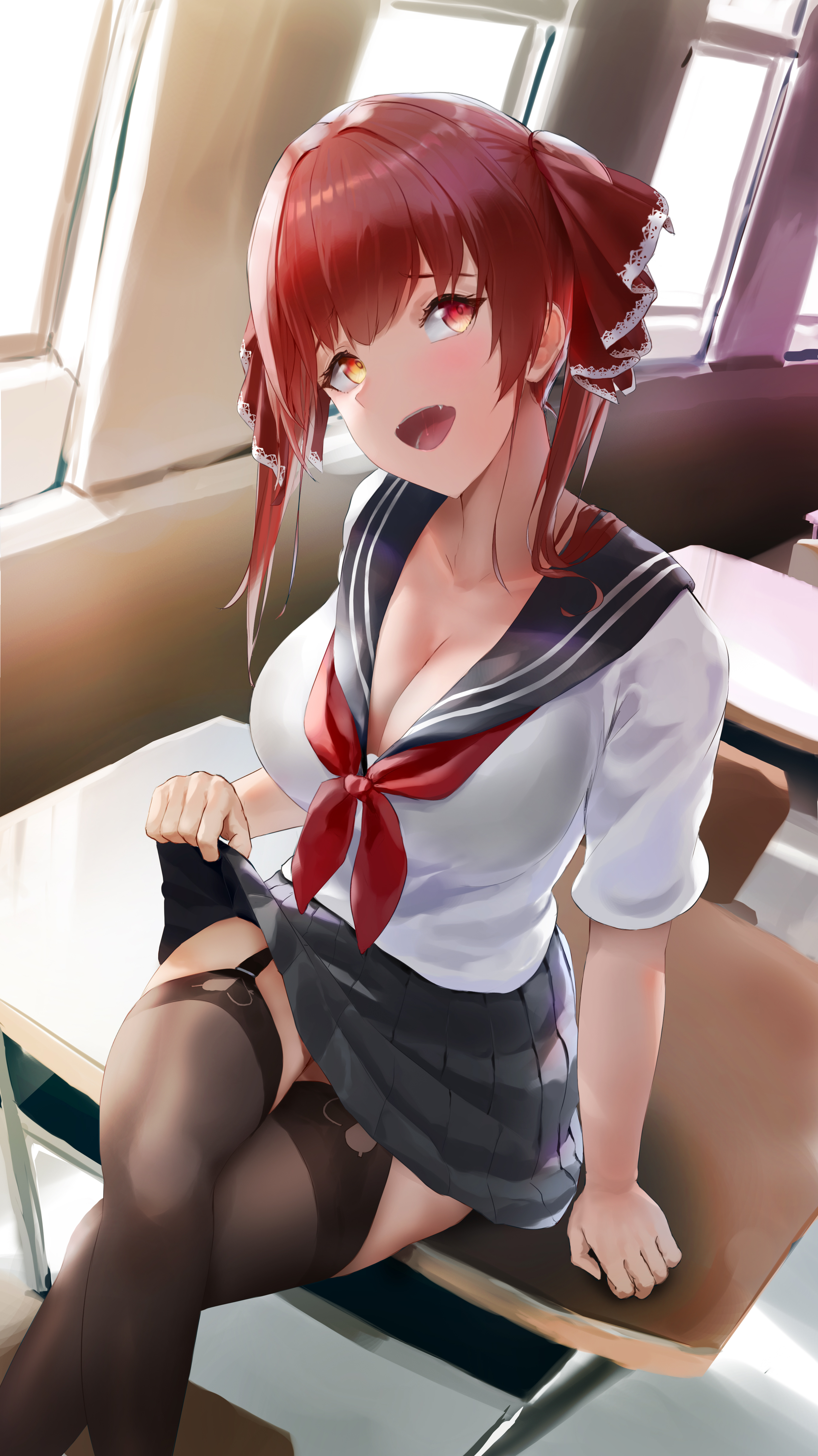 1girls, bangs, breasts, classroom, cleavage, crossed legs, desk, fangs, female, hair ribbon, heterochromia, highres, hololive, hololive fantasy, hololive japan, houshou marine, large breasts, long hair, open mouth, pleated skirt, red eyes, red hair, red neckerchief, ribbon, school desk, school uniform, sitting, sitting down, skirt, skirt lift, solo, thighhighs, thighs, twintails, virtual youtuber, wanne, yellow eyes