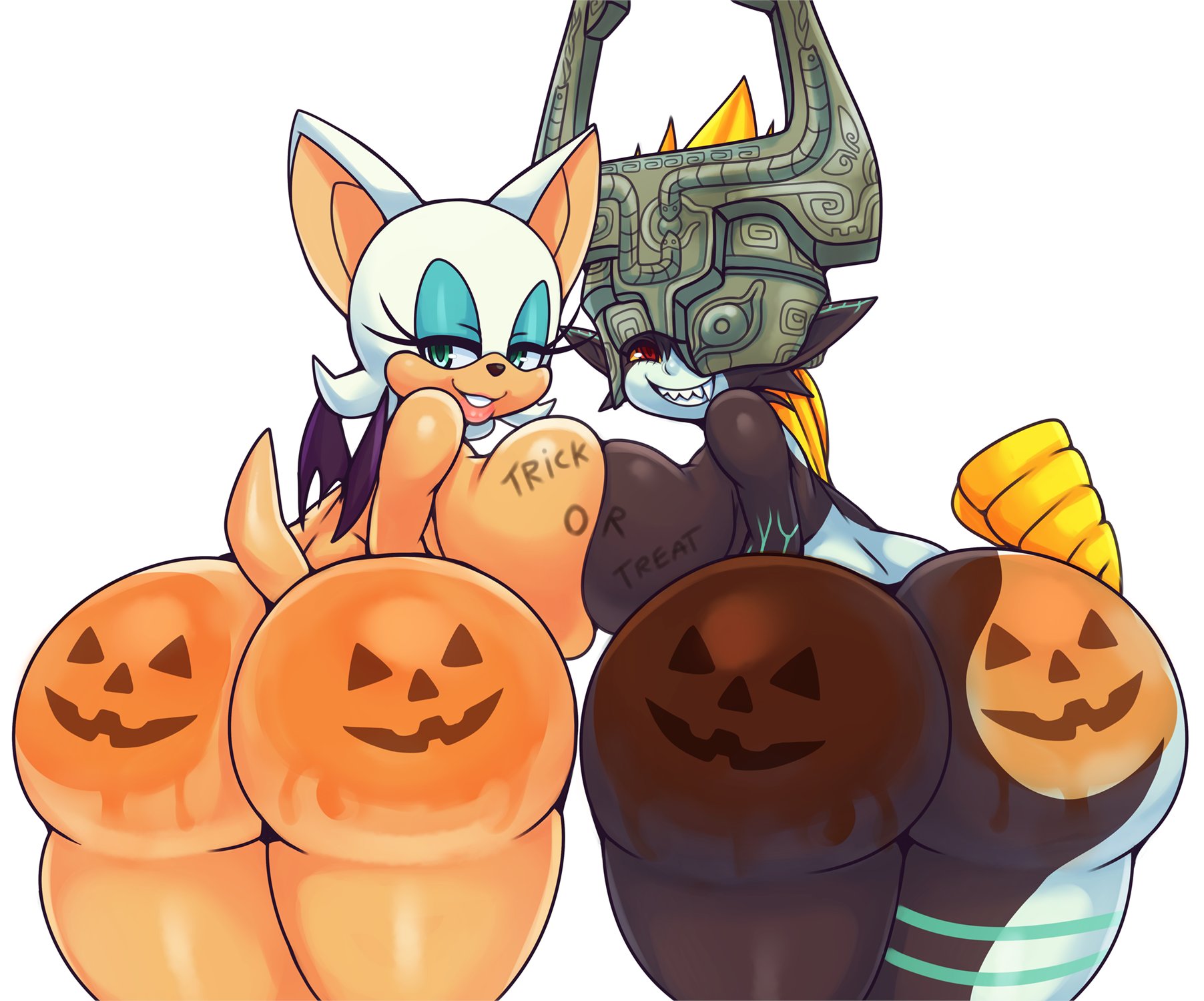 2girls, alternate breast size, anthro, ass, breast press, breast squish, breasts, crossover, female, female only, furry, huge ass, huge breasts, imp, imp midna, looking at viewer, looking back, matospectoru, midna, nintendo, rouge the bat, sega, sonic (series), the legend of zelda, twili, twilight princess