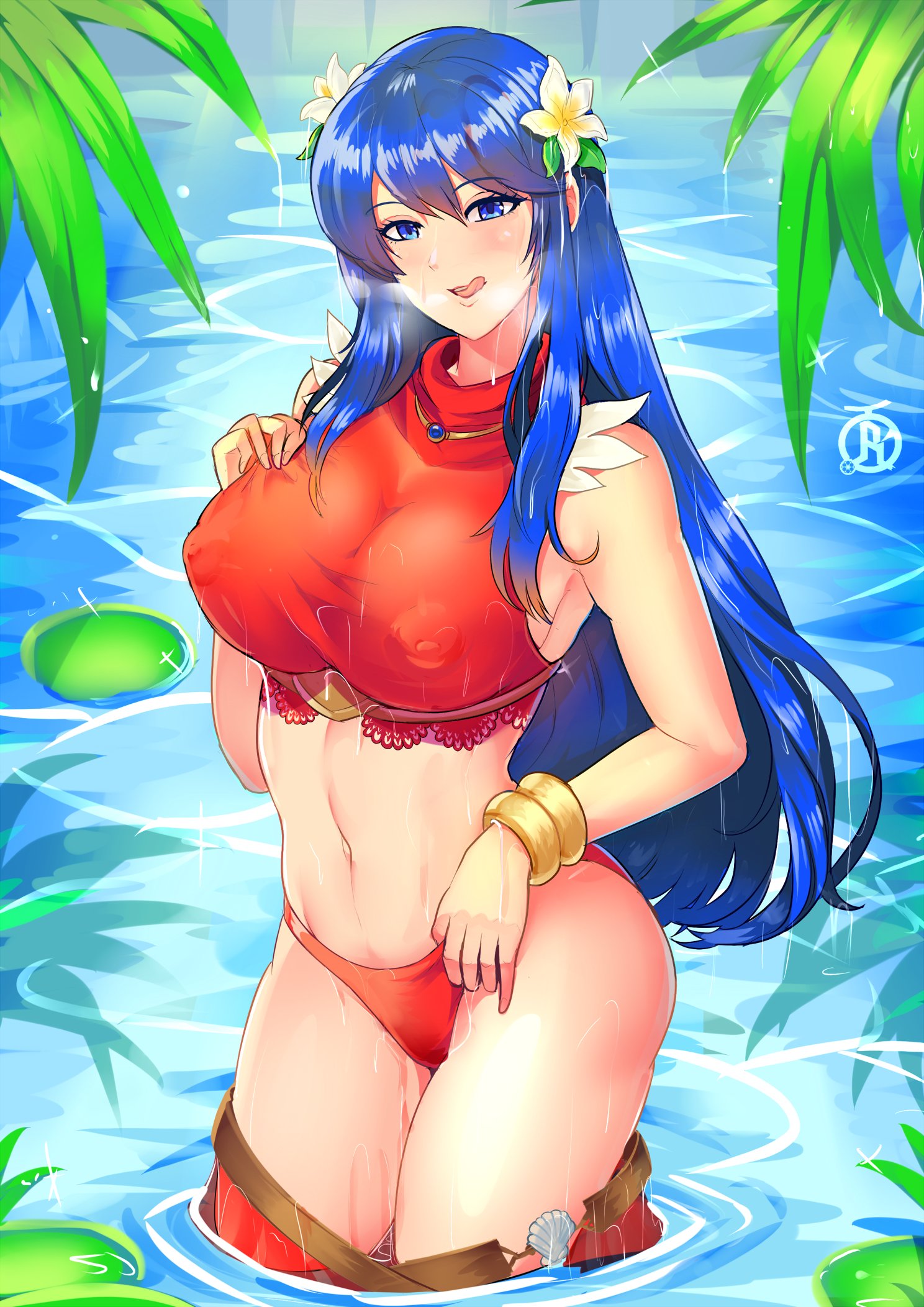 :p, 1girls, alternate costume, areolae, bare shoulders, bikini, blue eyes, blue hair, bracelet, breasts, caeda (fire emblem), clothes pull, color, come hither, covered nipples, female, fire emblem, fire emblem heroes, fire emblem: mystery of the emblem, fire emblem: shadow dragon and the blade of light, flower, heavy breathing, highres, jewelry, large breasts, leaf, licking lips, lily pad, long hair, looking at viewer, naughty face, navel, necklace, nintendo, official alternate costume, partially submerged, princess, pussy, pussy juice, pussy juice stain, red bikini, red swimsuit, revolverwingstudios, royalty, sarong, see-through, skirt, skirt pull, smile, solo, swimsuit, teenage female, teenager, tongue, tongue out, undressing, water, wet, wet pussy
