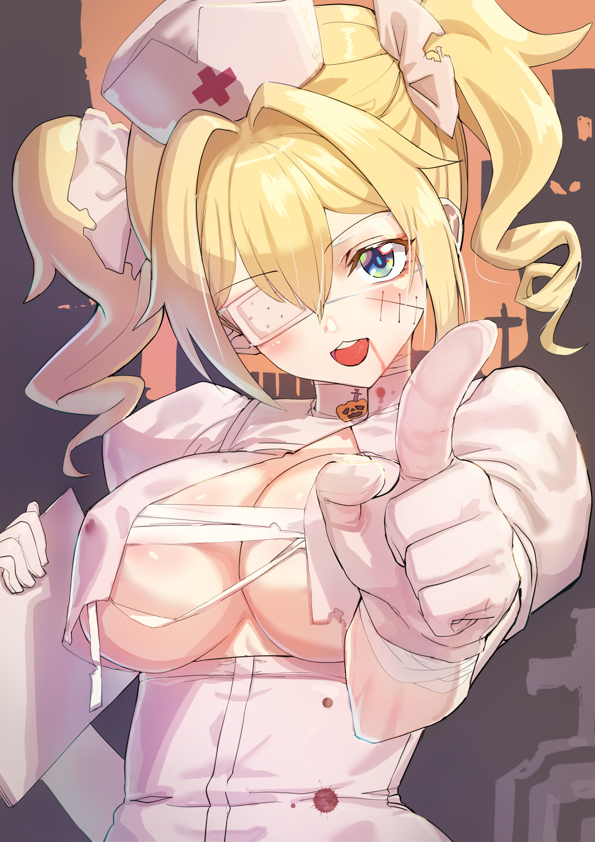 1girls, bandage, barbara (genshin impact), big breasts, blonde hair, blue eyes, breasts, eye patch, female, genshin impact, gloves, halloween, mk.36, nipple bulge, nipples, nurse, nurse cap, nurse uniform, twin drills