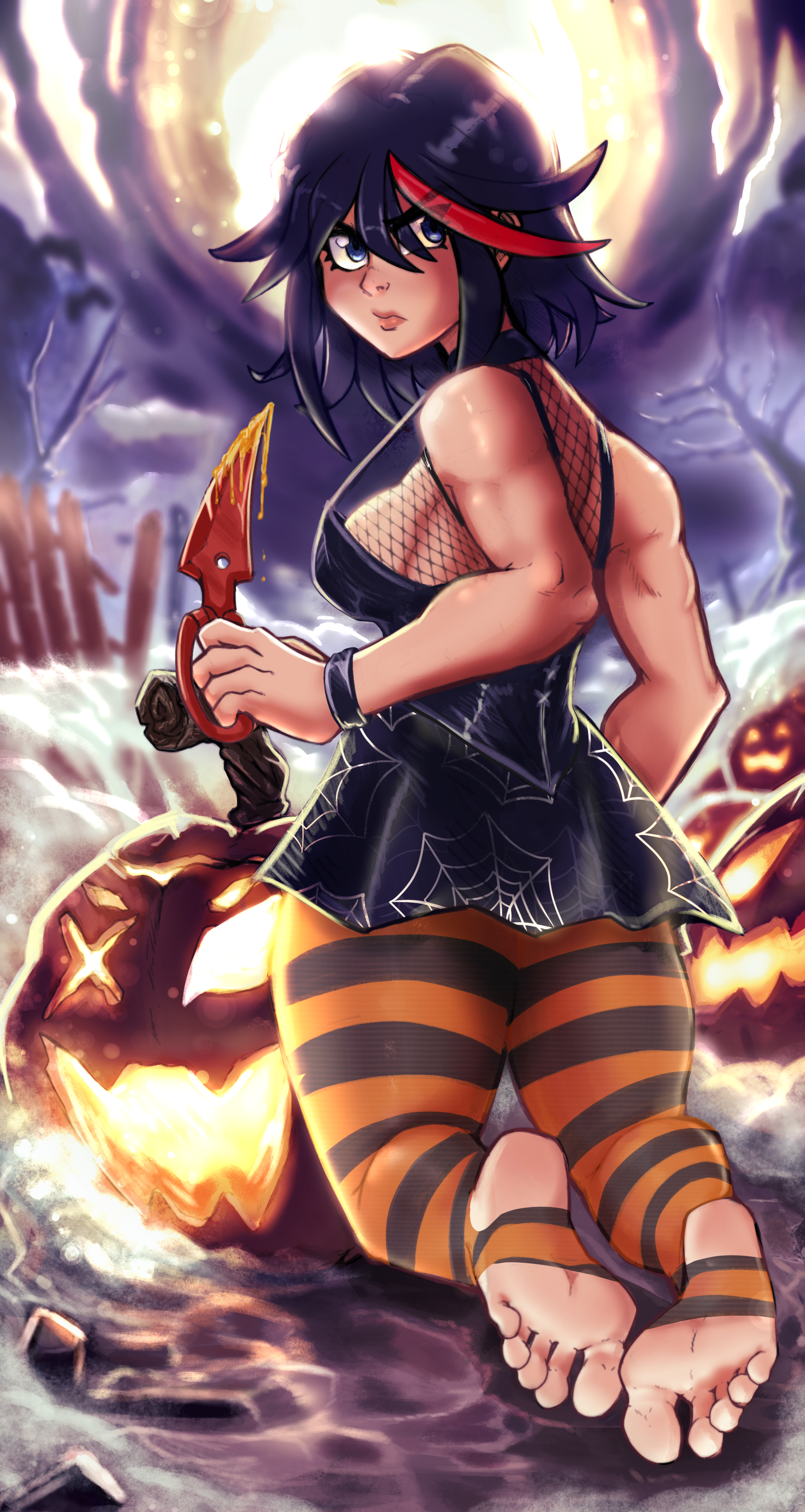 1girls, ass, back, back view, bare arms, bare shoulders, barefoot, biceps, big ass, big butt, blue eyes, blush, breasts, choker, curvaceous, curvy, curvy figure, edit, edited, feet, feet together, female, female focus, female only, foot fetish, halloween, kill la kill, knife, leggings, legs, looking back, matoi ryuuko, night, pantyhose, pinup, pumpkin, reliusmax, shoulder length hair, sideboob, skirt, sole female, soles, stirrup legwear, striped legwear, thick ass, thick legs, thick thighs, toes, tomboy, two-tone hair
