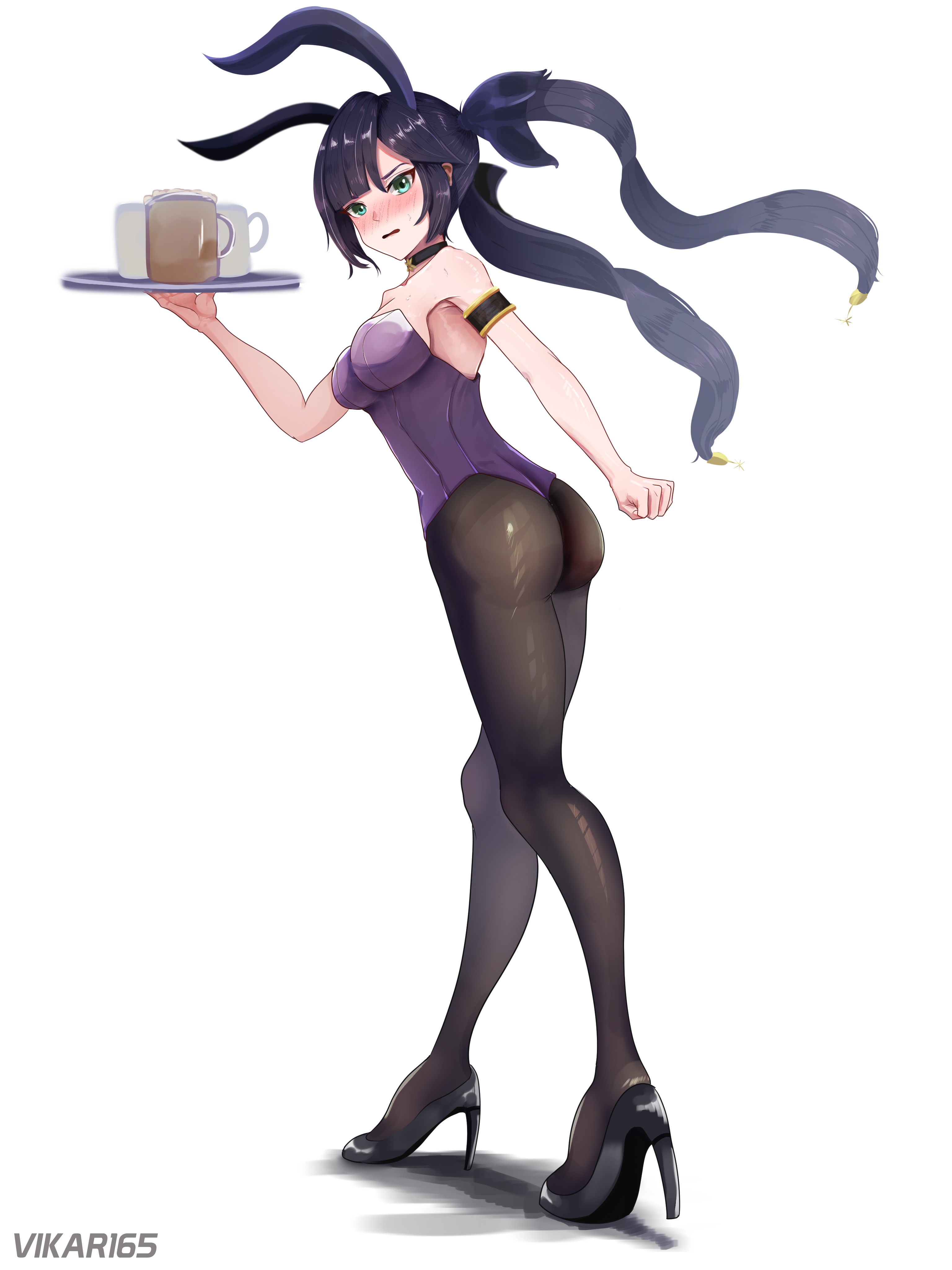 alternate costume, ass, breasts, bunnysuit, clothed, clothing, female, genshin impact, high heels, mona (genshin impact), solo, tagme, vikar, white background