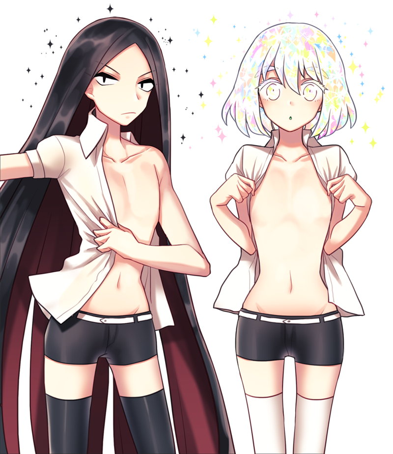 2017, abs, ambiguous gender, androgynous, belt, big eyebrows, black eyes, black hair, black legwear, black shorts, bort (land of the lustrous), breasts, dadam i, diamond (land of the lustrous), dressing, female, flat chest, flat chested, gradient eyes, gradient hair, houseki no kuni, humanoid, land of the lustrous, leggings, light skin, long hair, looking at viewer, rocks, shirt, short eyebrows, short hair, shorts, simple background, small breasts, small waist, sparkles, stare, suit, suprised, teenager, thick eyebrows, two-tone hair, unhappy, very long hair, white background, white legwear, white suit, young, younger female