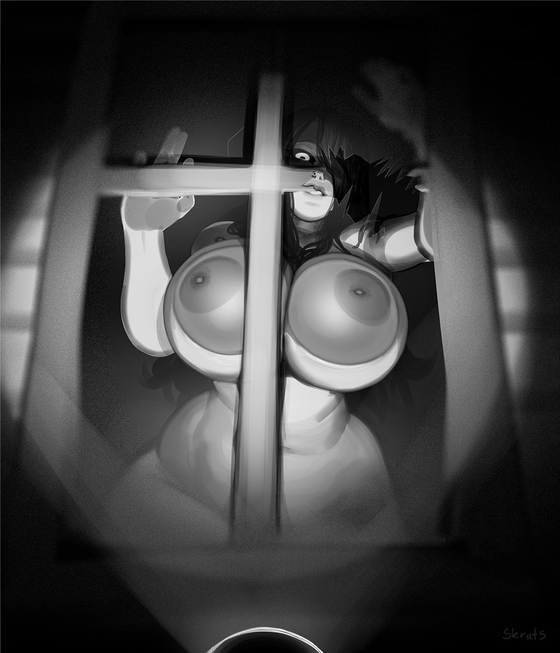 areolae, big breasts, black hair, breasts, breasts on glass, busty, female, female focus, female only, ghost, ghost girl, hourglass figure, huge breasts, large breasts, long hair, monochrome, nathalie (skrats), nipples, skrats, solo, standing, tagme, wide hips