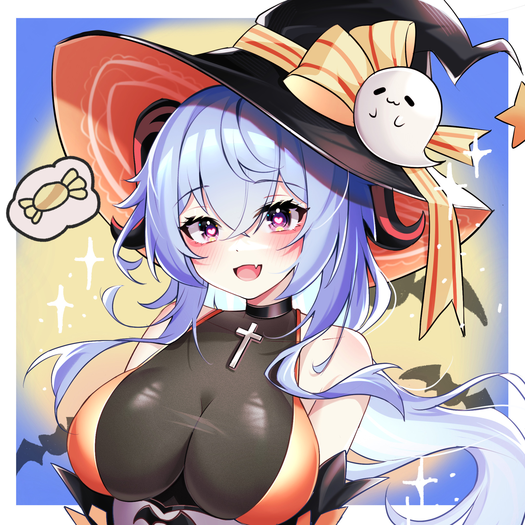 1girls, adeptus, barely contained, big breasts, blue hair, blush, breasts, choker, female, ganyu (genshin impact), genshin impact, halloween, heart-shaped pupils, horns, purple eyes, qilin, tight clothing, witch costume, witch hat