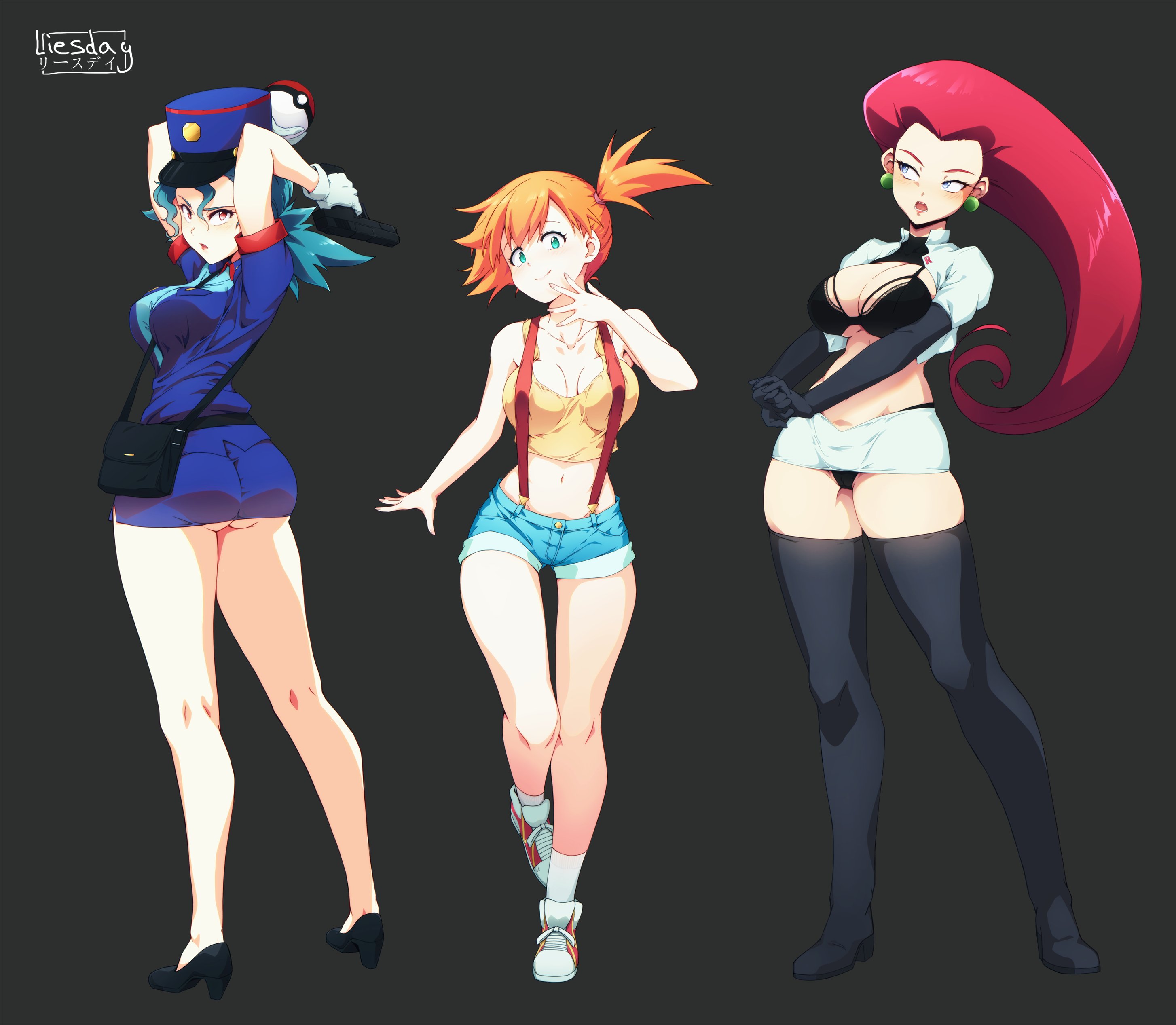 3girls, alternate version available, ass, asymmetrical hair, bare arms, blue eyes, blue hair, blush, breasts, creatures (company), eyelashes, female, female only, game freak, gen 1 pokemon, green eyes, gun, hair tie, highres, holding, huge ass, huge breasts, jessie (pokemon), kasumi (pokemon), large breasts, legs, liesday, long hair, misty (pokemon), multiple females, multiple girls, navel, nintendo, nipples, officer jenny (pokemon), orange hair, poke ball, pokemon, pokemon (anime), pokemon (classic anime), pokemon (game), pokemon rgby, ponytail, purple eyes, red eyes, red hair, shirt, shoes, short hair, short shorts, shorts, side ponytail, sneakers, suspenders, tank top, thong, tied hair, underwear, weapon, yellow shirt, yellow tank top