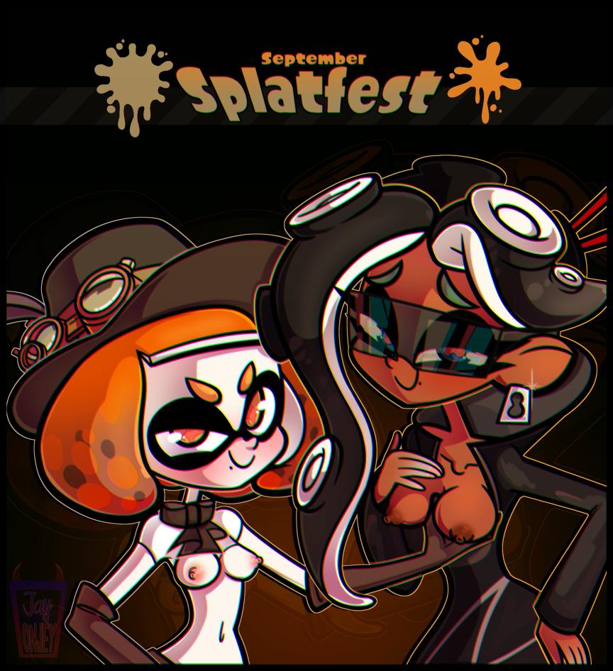 2girls bowtie breasts clothing female functionally_nude functionally_nude_female glasses hat j-madeye jay-onjey looking_at_viewer marina_(splatoon) nipples pearl_(splatoon) smile splatoon splatoon_2