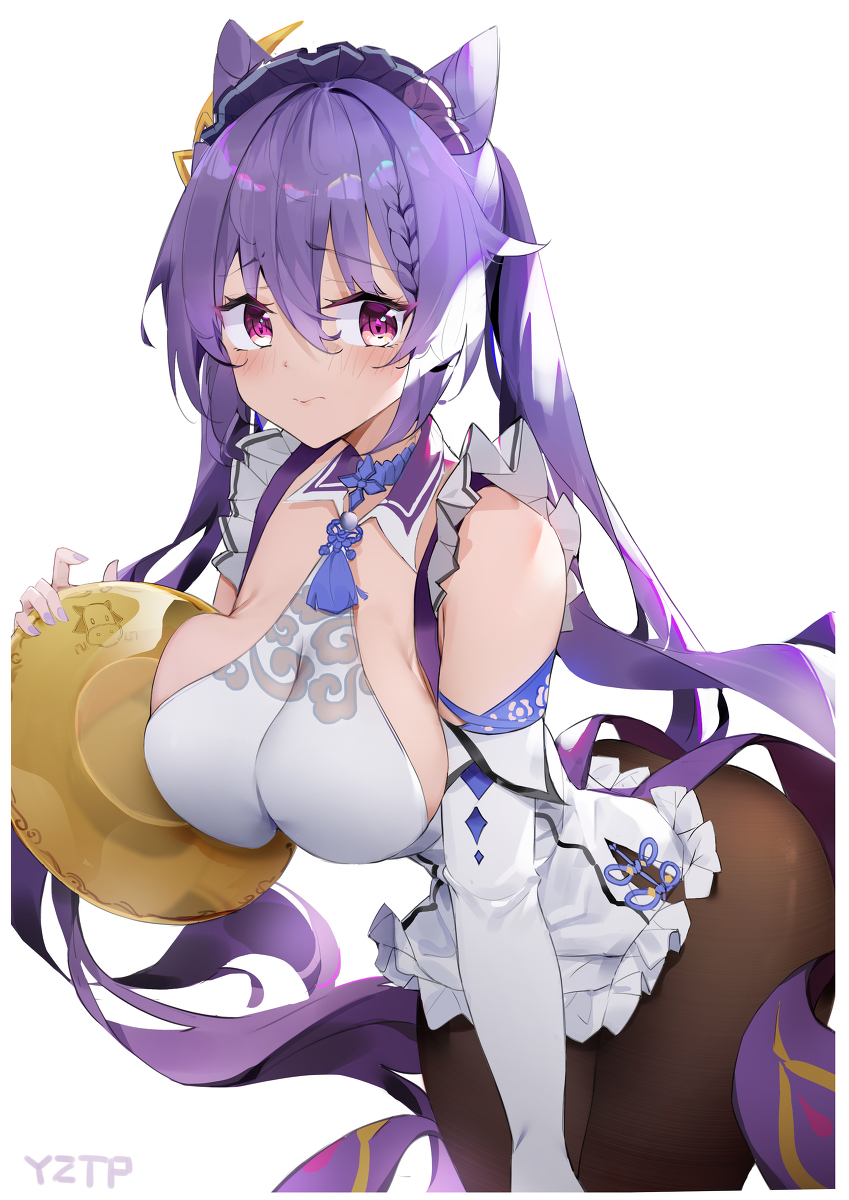 1girls, big breasts, breast squeeze, breasts, busty, eyebrows visible through hair, female, female only, genshin impact, keqing (genshin impact), long hair, maid headdress, pink eyes, purple eyes, purple hair, solo, solo female, solo focus, tagme, white background, yztp