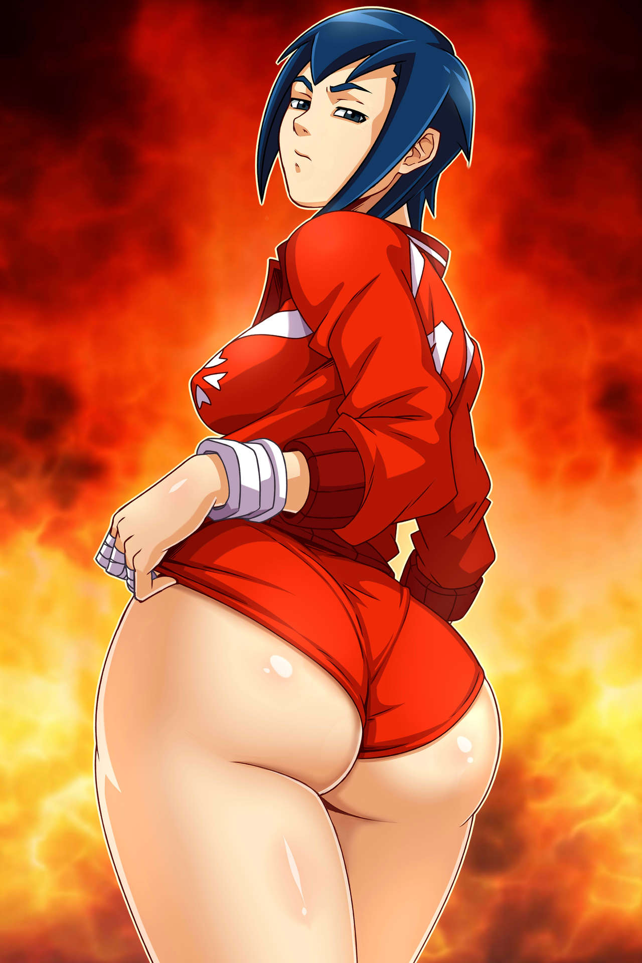 1girls, ass, blue eyes, blue hair, breasts, bubble ass, bubble butt, capcom, clothing, female, female only, gym uniform, huge ass, looking back, medium breasts, natsu ayuhara, rival schools, sano-br, short hair, shorts, sideboob, small breasts, solo, thick thighs