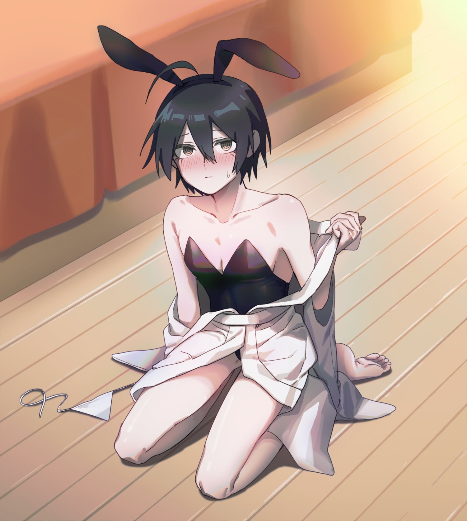 1boy, ahoge, blue hair, blush, bunny ears, bunnysuit, confused, danganronpa, danganronpa v3, dark hair, eyes open, feet, female, femboy, human, humanoid, light skin, light-skinned male, looking at viewer, male, male only, robe, saihara shuuichi, scared, short hair, shuichi saihara, smaller male, solo, solo female, solo male, straight hair, sweat, sweatdrop, sweating, thighs, yellow eyes