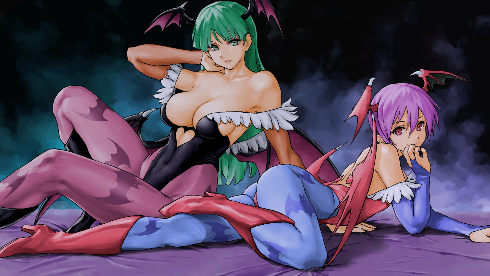 2girls, armwear, bat print, blue pantyhose, breasts, capcom, cleavage, clothing, darkstalkers, demon, demon wings, female, female only, flat chest, flat chested, green eyes, green hair, hand behind head, head wings, heart shape, heel boots, hi res, leotard, lilith aensland, long hair, looking at viewer, lying, lying on stomach, medium breasts, medium hair, morrigan aensland, pantyhose, pink pantyhose, purple hair, red eyes, sisters, sitting, sp x, succubi, succubus, succubus wings, wings