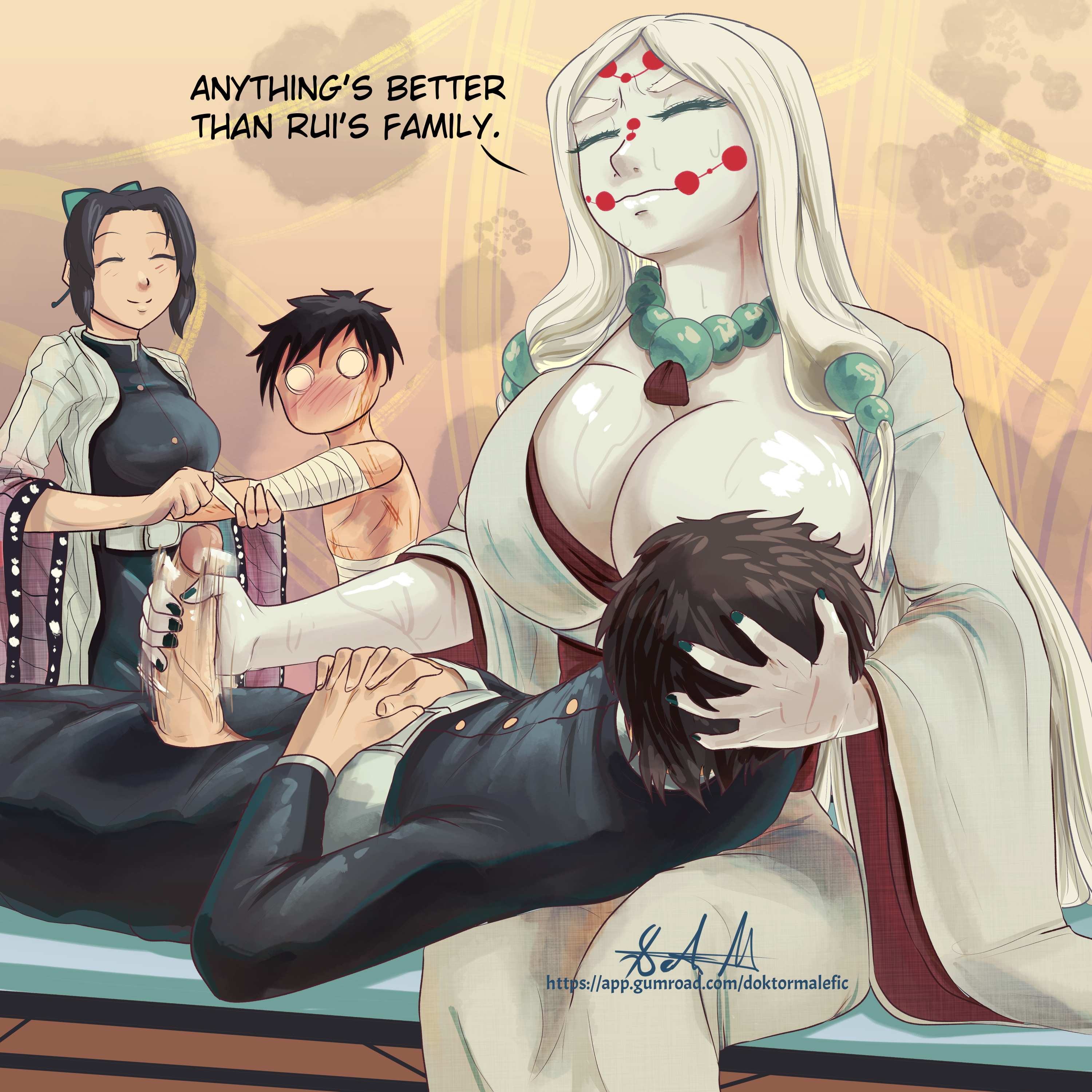 2boys, 2girls, alternate breast size, bandage, big breasts, big penis, blue hair, breast feeding, breasts, closed eyes, demon, demon girl, demon slayer, doktor malefic, female, handjob, handjob while sucking, human, interspecies, kimetsu no yaiba, kimono, kochou shinobu, light skin, light-skinned female, looking up, male, male human/female demon, masturbation, milf, milk, mother, mother spider demon, motion blur, motion lines, multiple boys, multiple females, multiple girls, multiple males, necklace, nursing handjob, pale skin, pale-skinned female, penis, smile, uniform, veins, veiny penis, white hair