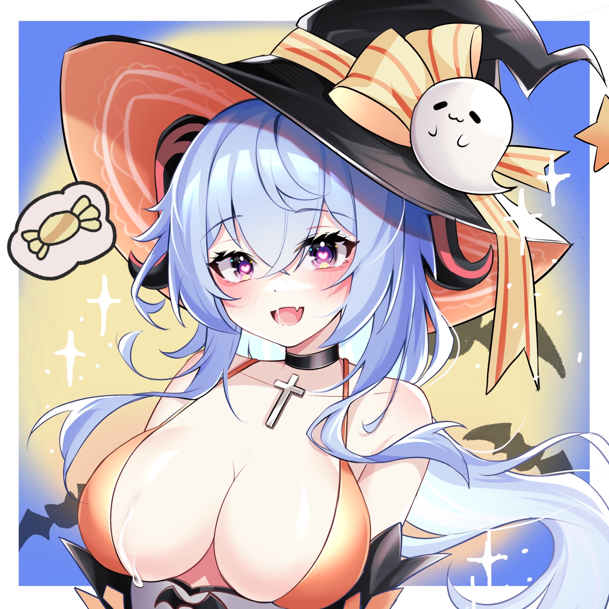 1girls, adeptus, barely contained, big breasts, blue hair, blush, breasts, choker, cum, cum on breasts, female, ganyu (genshin impact), genshin impact, halloween, heart-shaped pupils, horns, purple eyes, qilin, saliva, tight clothing, witch costume, witch hat
