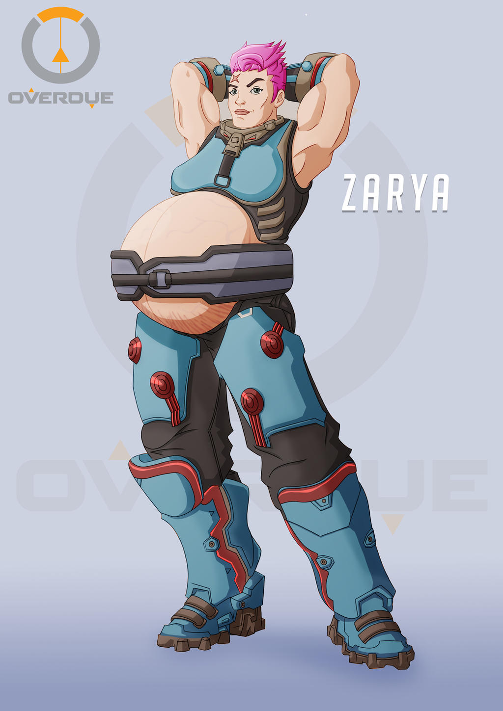 1girls 2d armpits arms_behind_back arms_behind_head belly big_belly blizzard_entertainment female female_only muscular muscular_female overwatch pink_hair plus1b pregnant short_hair solo_female stretch_marks veiny_belly zarya